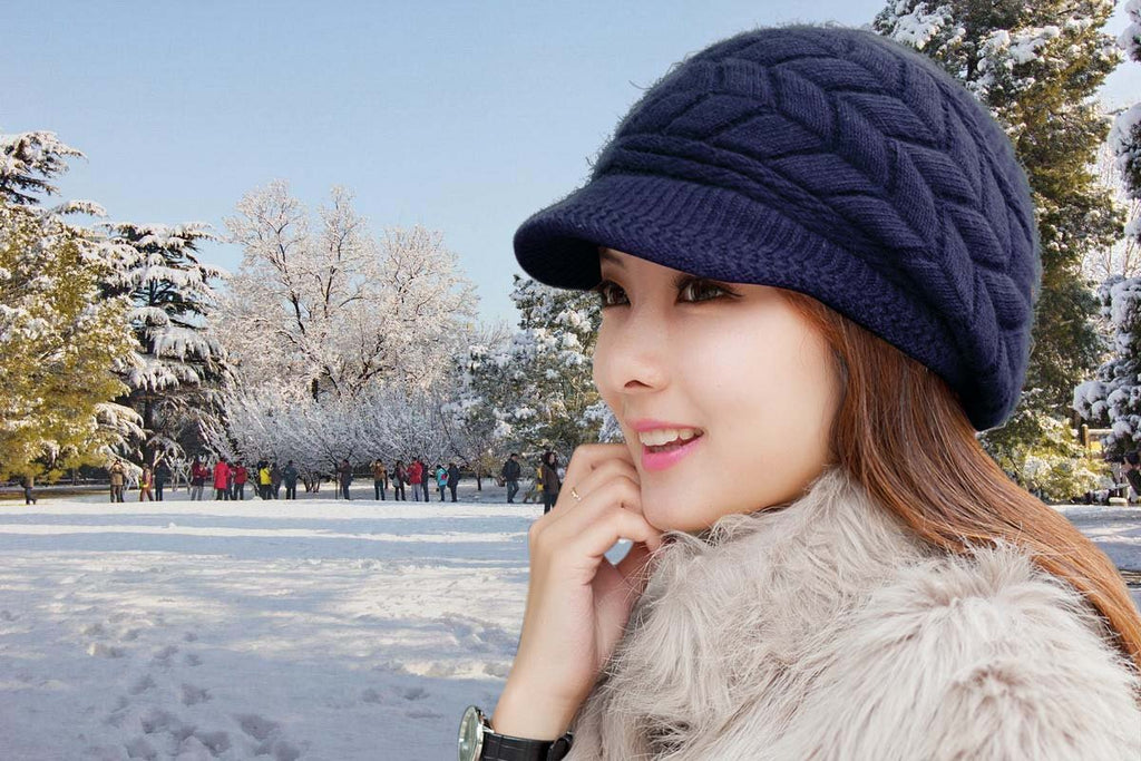 Women Winter Warm Knit Hat Wool Snow Ski Caps with Visor