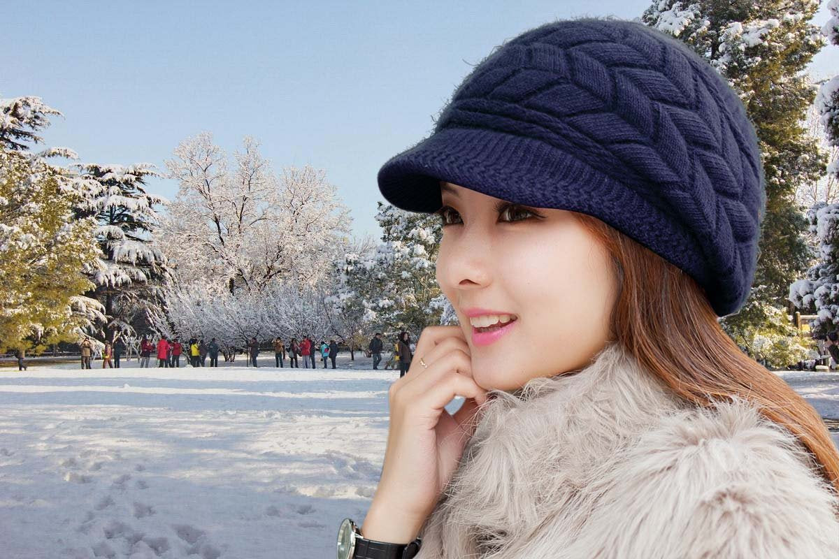 Women Winter Warm Knit Hat Wool Snow Ski Caps with Visor