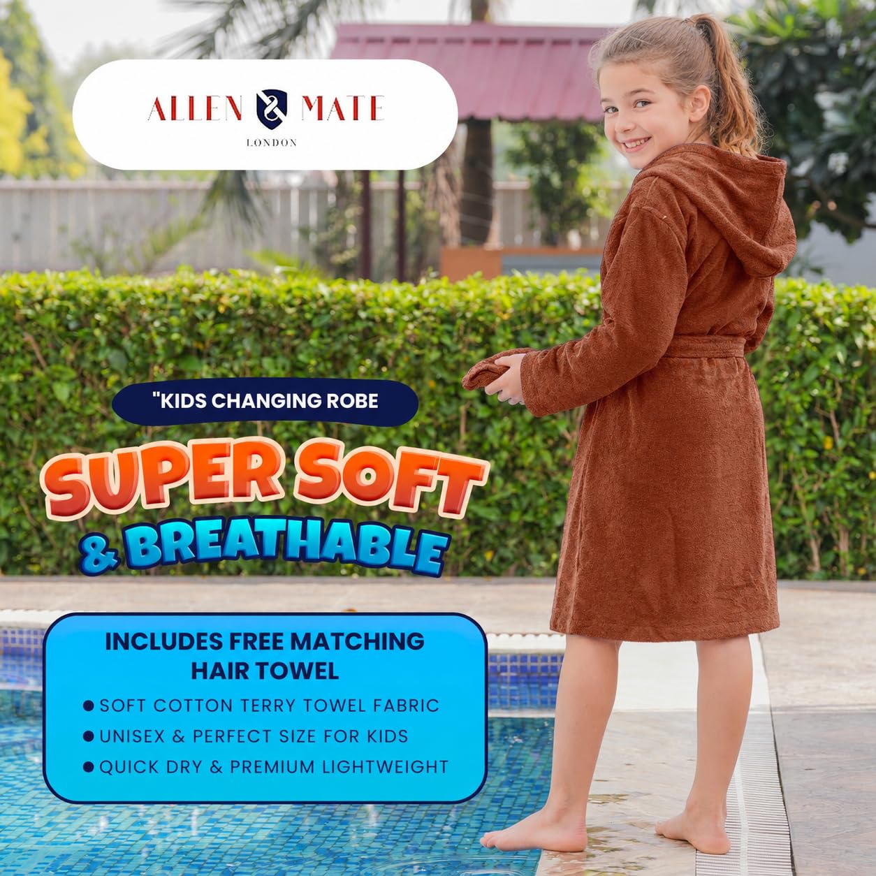 ALLEN & MATE 100% COTTON Hooded Kids Bathrobe – Soft, Medium Weight Absorbent Bath Towel Robe for Boys & Girls, 6-15 Years