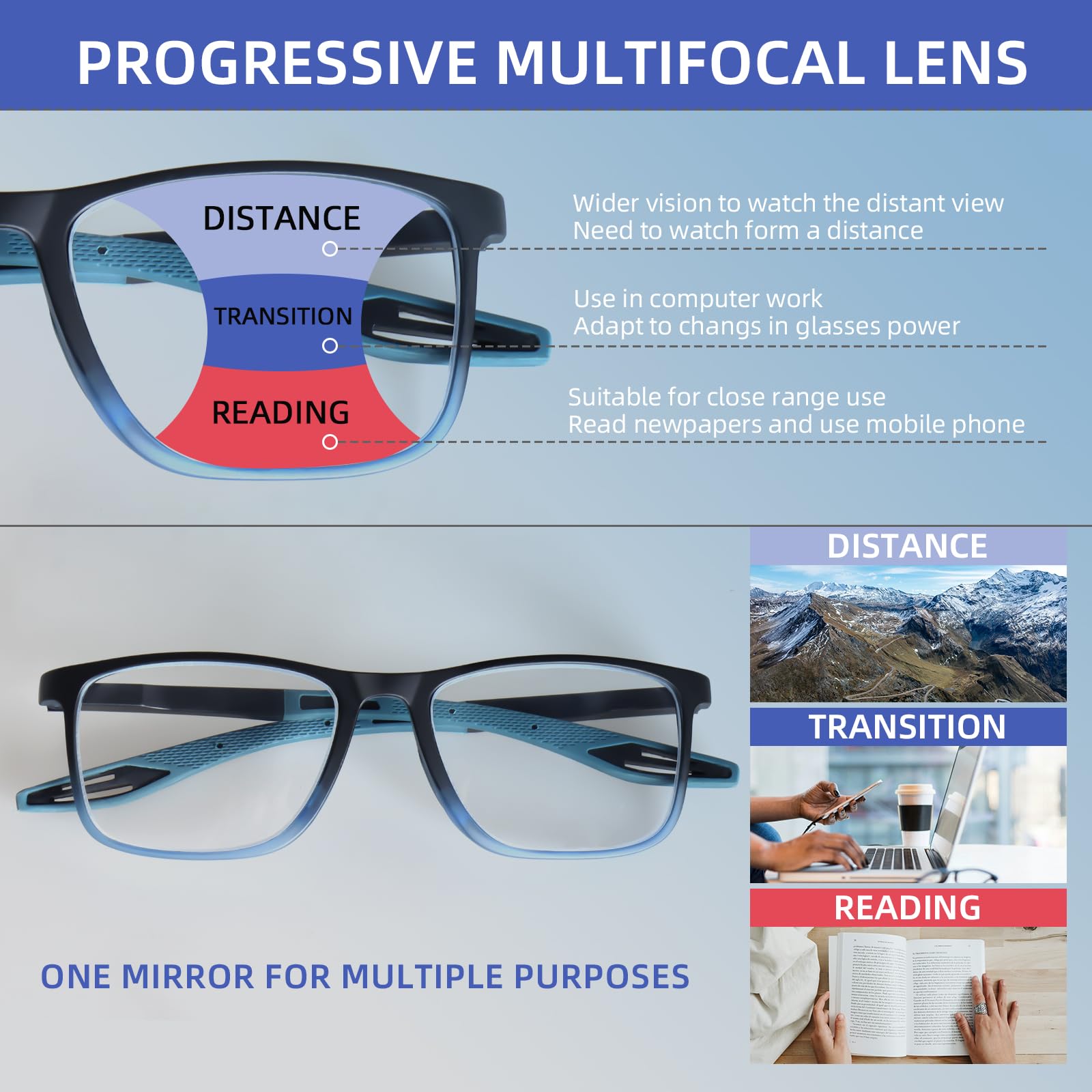 BLOEXCLU 4 Pack Progressive Multifocus Reading Glasses for Men Women TR90 Sports Style Anti-Blue Light Computer Readers