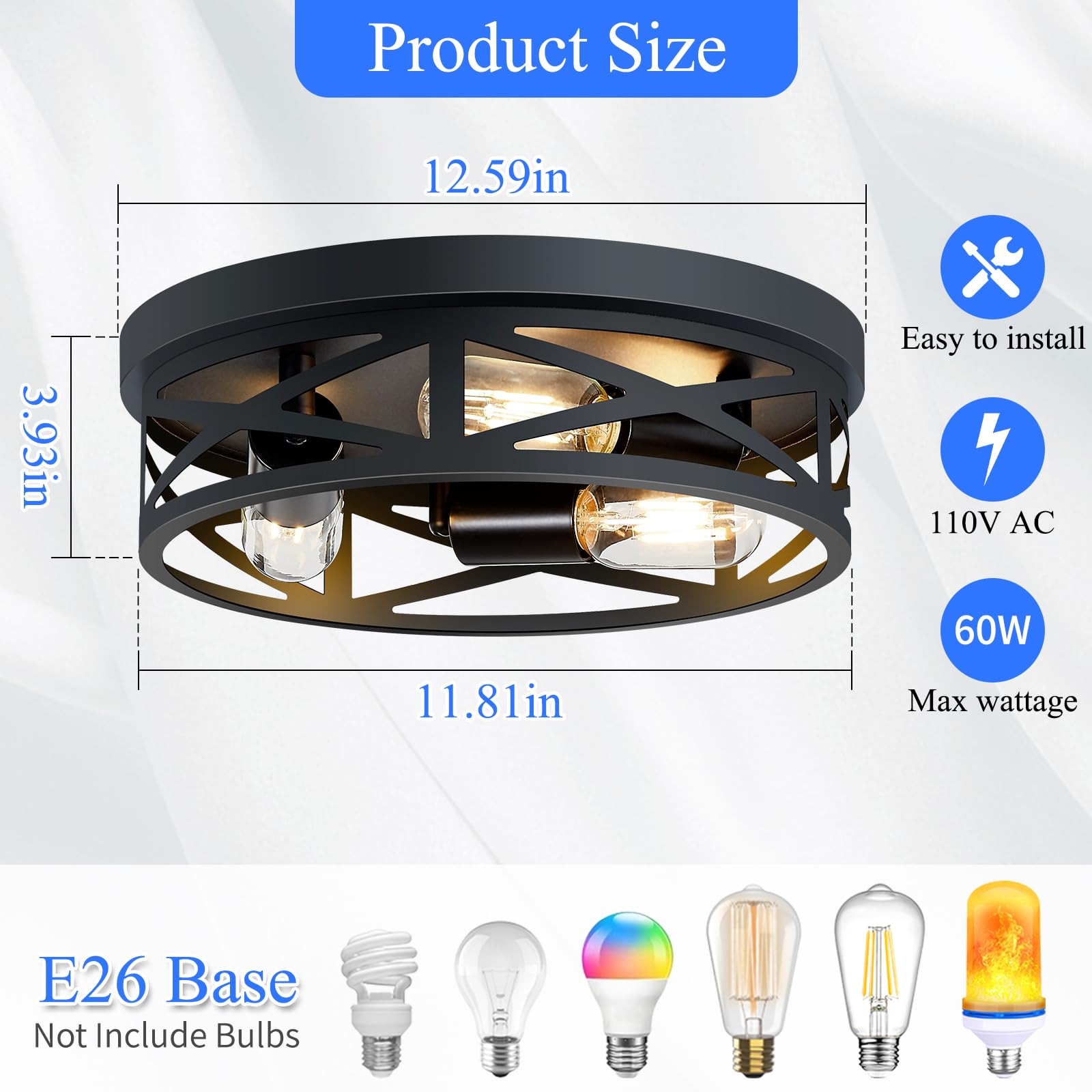 SKEJAO Flush Mount Ceiling Light Fixture,Black 2-Light Hallway Light Fixtures Ceiling,Light Fixtures Ceiling Mount for Farmhouse,Kitchen,Hall,Bedroom,Bathroom (2 Pack)