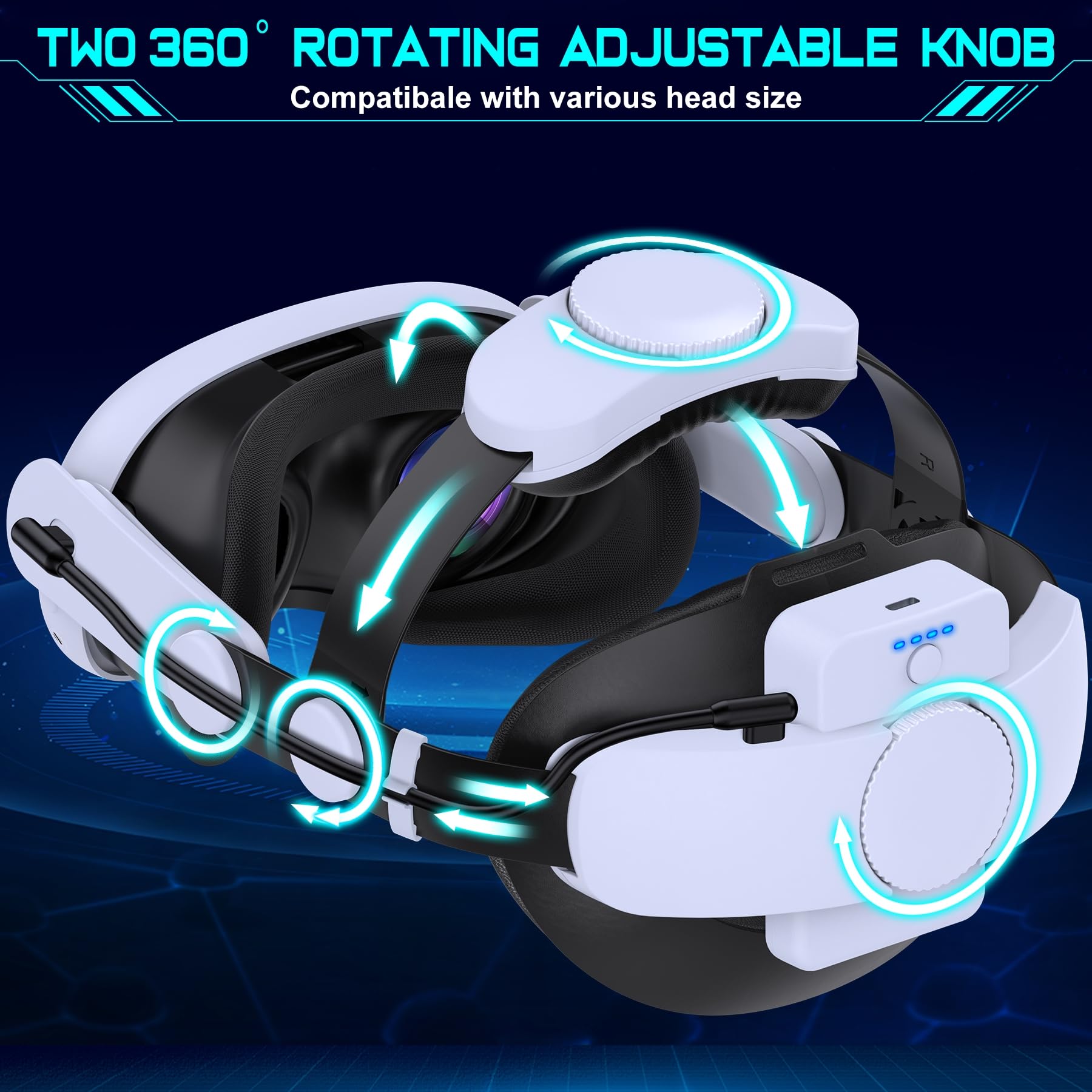 Hot-Swappable Battery Head Strap for Quest 2/Quest 3/3S, 15000mAH Detachable Battery, Extra 6-8 Hours Playtime, Double Knobs, Soft Cushion, Reduces Head Pressure, with One Charging Dock