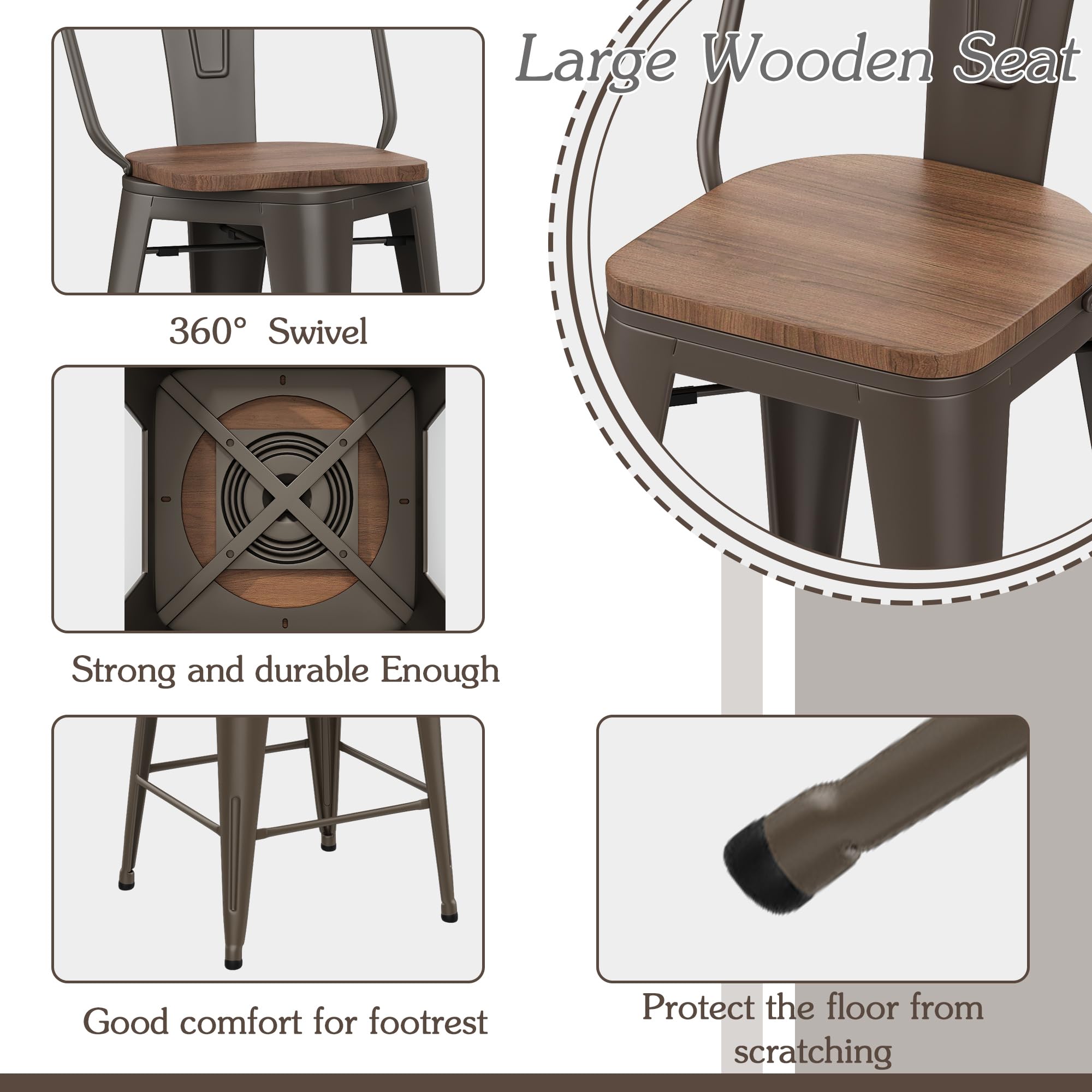 Alunaune 24" Swivel Metal Bar Stools Set of 4 High Back Counter Height Barstools Industrial Dining Bar Chairs with Large Wooden Seat-Matte Black
