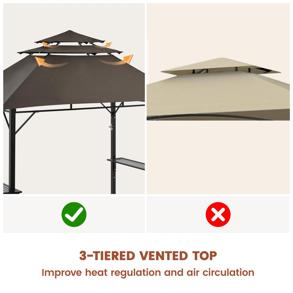 Yaheetech 8x5' Grill Gazebo, 3-Tier Outdoor BBQ Gazebo with Height-Adjustable Shelves & 10 S-Shaped Hooks & Built-in Bottle Opener, Brown