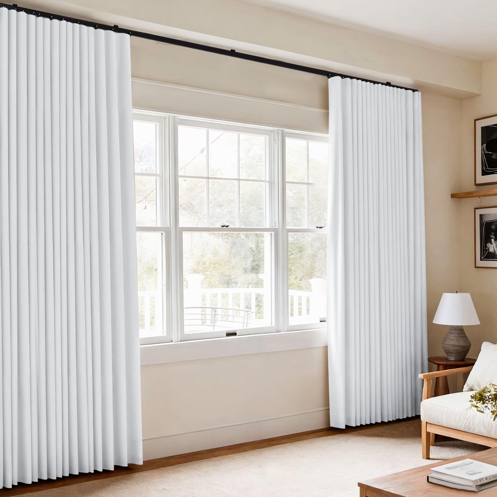 Room Divider Blackout Curtains Flexible Sliding Tracks Sets Ceiling Mounted Rod Window Curtain Privacy Separation for Bedroom Living Rooms,1 Panel Beige Drape and Black Track Set-W108xH72 in