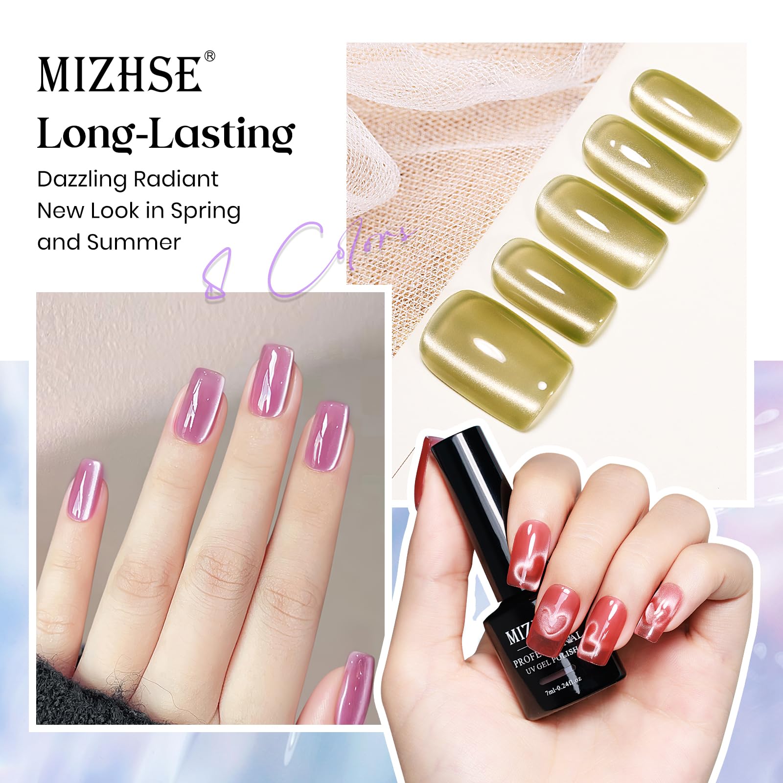 MIZHSE Cat Eye Gel Nail Polish, Moonlight Magnetic Gel Polish and Sheer Nude Nail Kit with 1 Magnet Stick, Glass Shiny Effect Silver Pink Purple Soak Off Manicure Home DIY