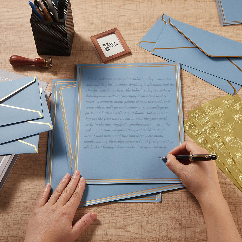 50 Pack Stationery Set with Envelopes, Cream Color, 8.5x11 Inches | Gold Border, #10 Business Envelopes and 8.5x11 Paper Sheets, Stickers for Letter Writing, Invitations