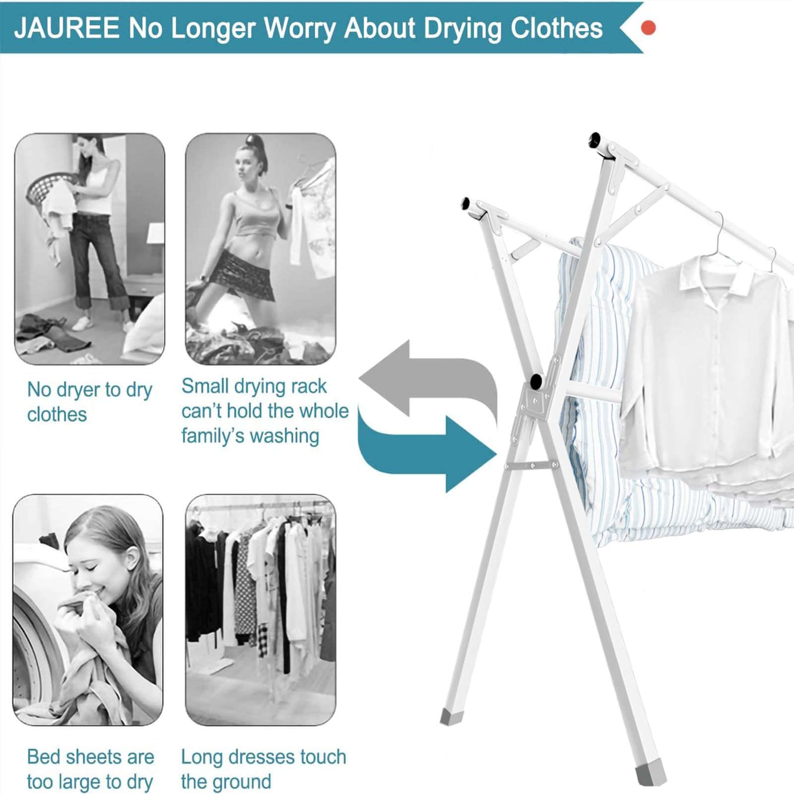 JAUREE 95 Inches Clothes Drying Rack, Drying Rack Clothing Folding Indoor Outdoor, Heavy Duty Stainless Steel Laundry Drying Rack, Foldable Portable Clothes Rack Garment Rack with 20 Hooks Black