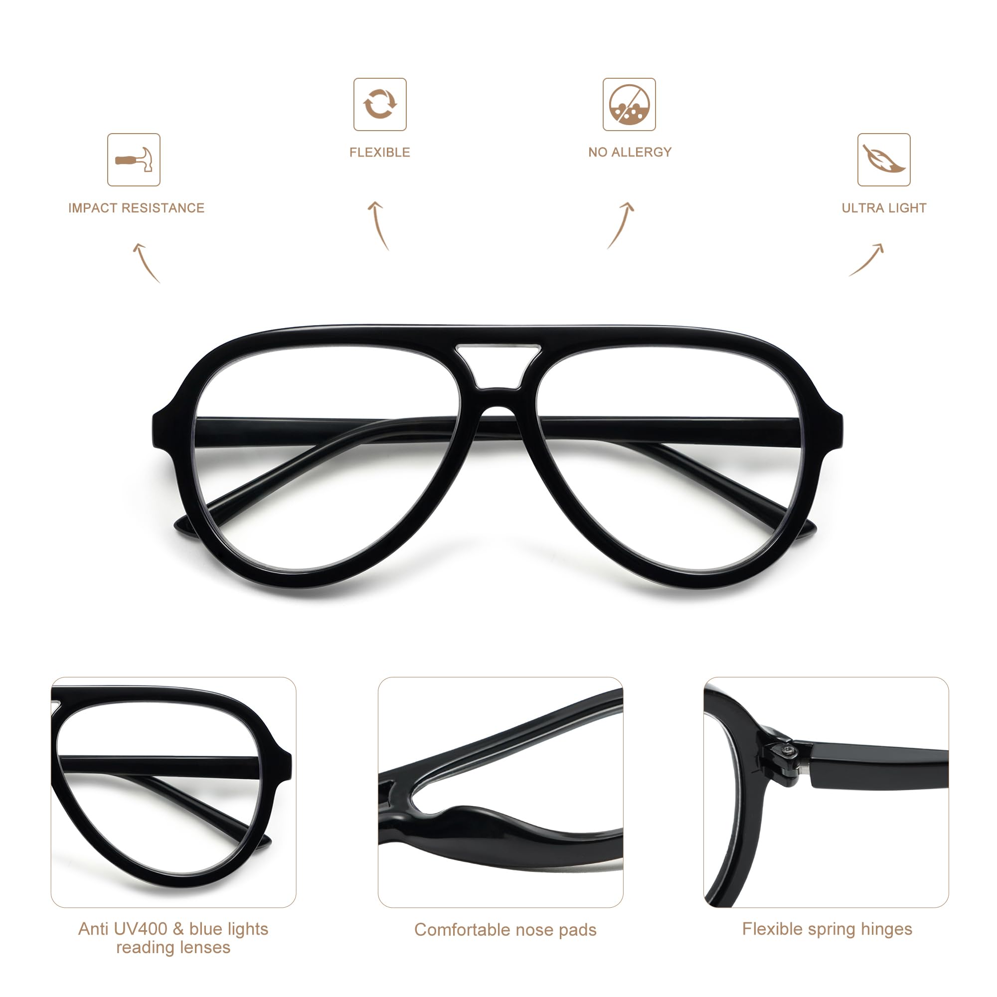 AMOMOMA 3 Pack Retro Oversized Aviator Reading Glasses for Women Men,Classic Large Reader Blue Light Computer Frame AM6111