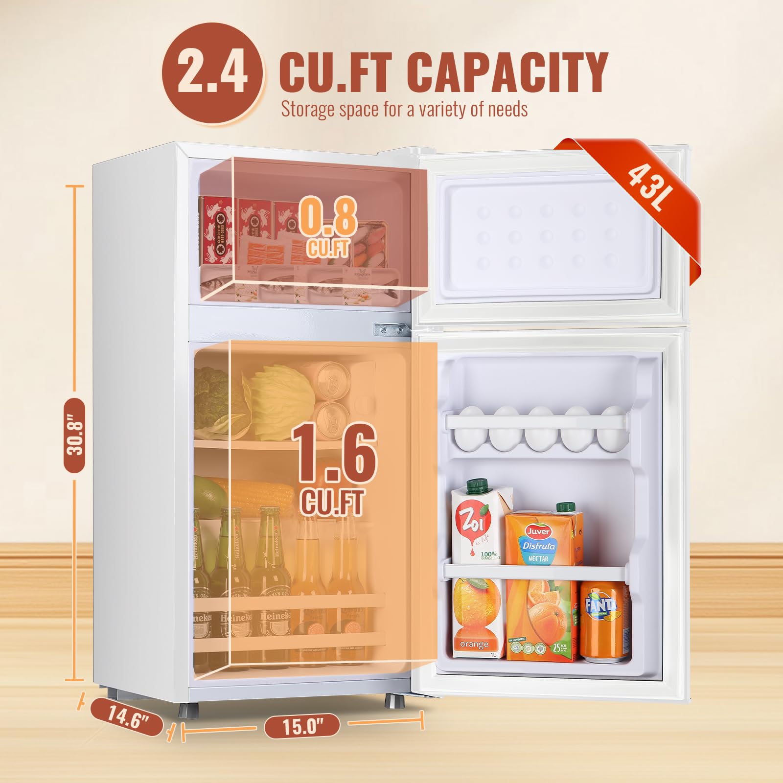 DEMULLER Mini Fridge with Double Doors Small Refrigerator with Separate Freezer & 7 Adjustable Temperature Control, Tiny Size & Personal Fridge Ideal for Office Apartment Dorm Black