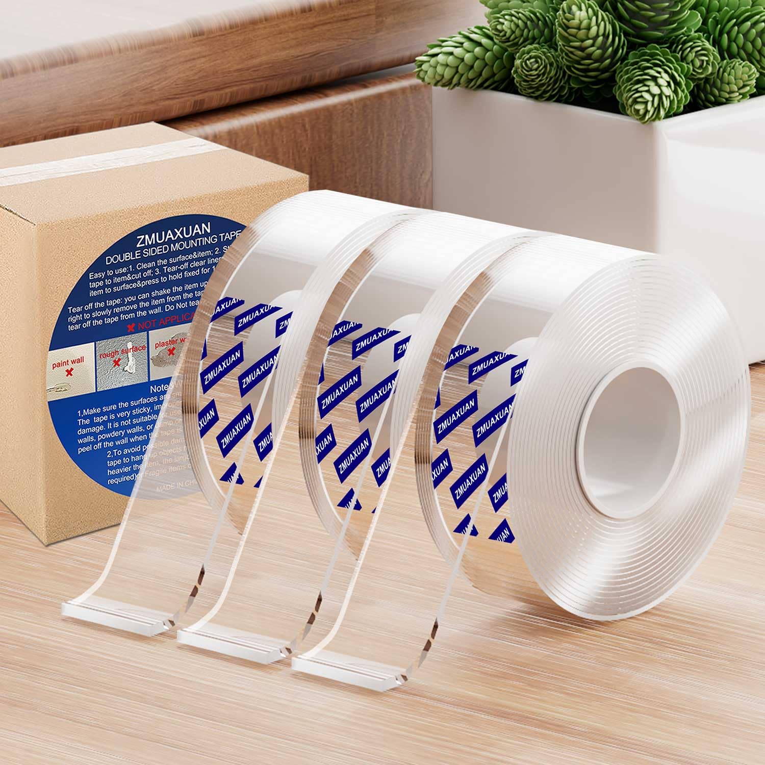 ZMUAXUAN Strong Nano Double Sided Tape Heavy Duty Mounting,Clear Removable Wall Sticky Adhesive Strips,Reusable Thick Gel Grip for Hanging Picture,Poster,Carpet,Photo