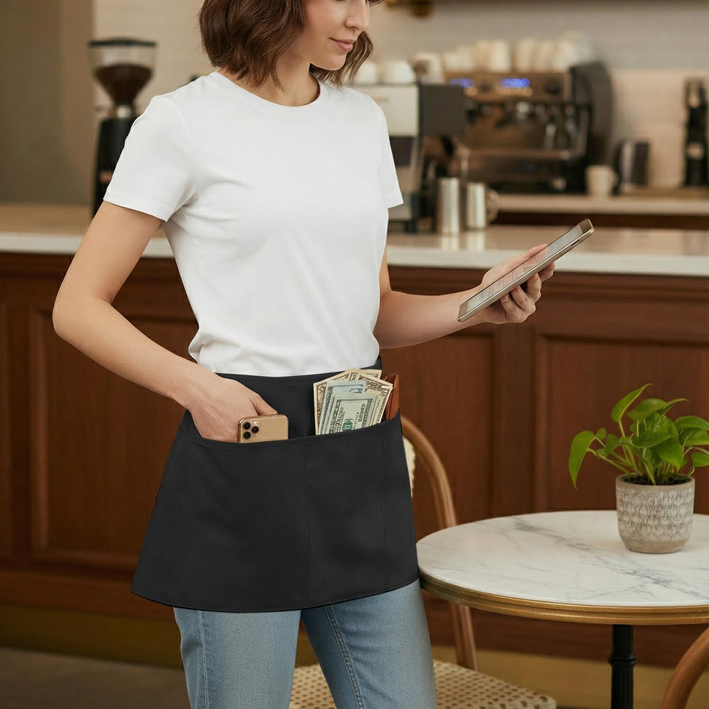 BOHARERS Waist Apron with 3 Pockets - White Waitress Waiter Server Short Apron