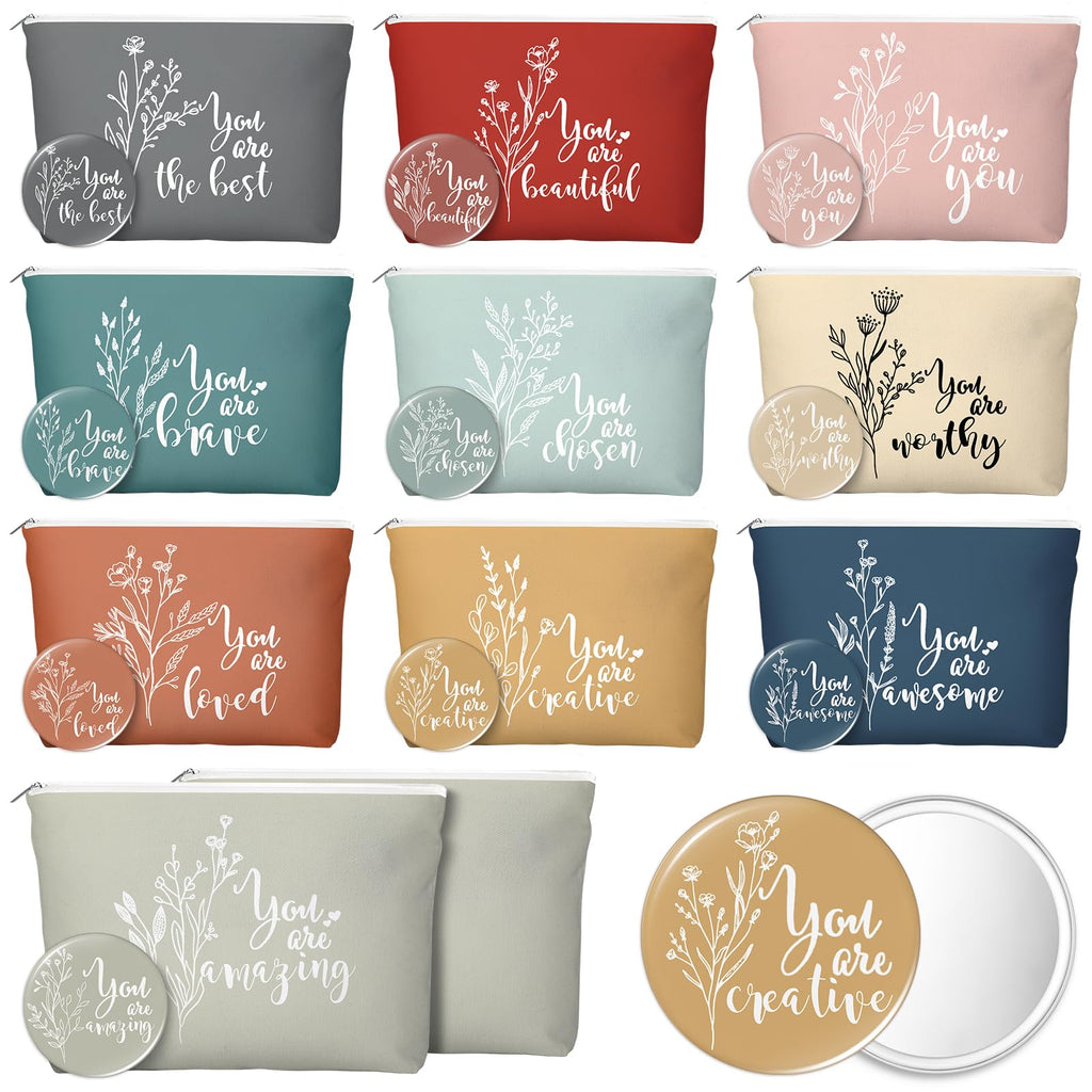 Vercraft 20 Pcs Employee Appreciation Gift for Women Inspirational Canvas Makeup Bag Portable Compact Mirror Bulk Cosmetic Bag Thank You Party Favor for Women Coworker Nurse (Bohemian,Boho)