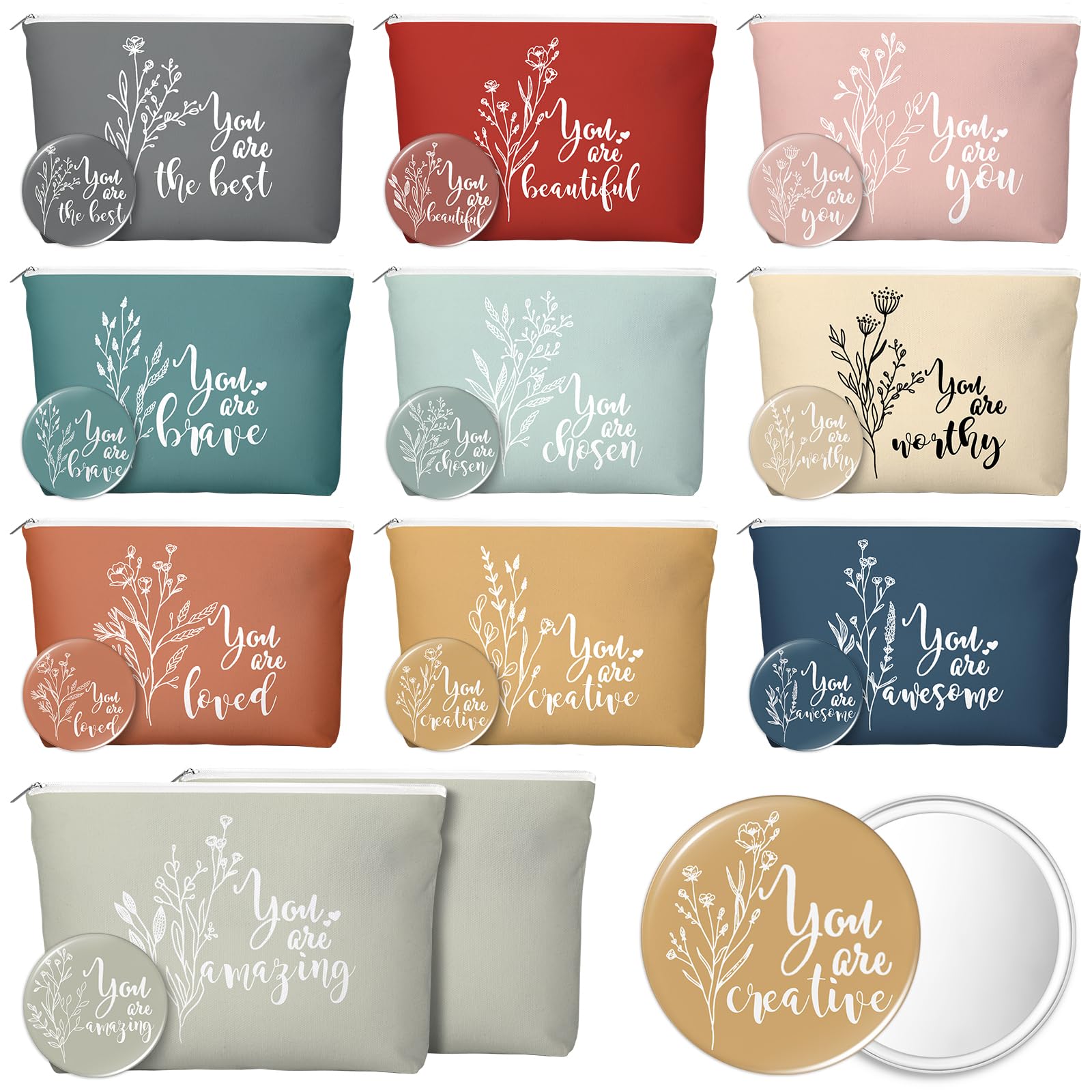 Vercraft 20 Pcs Employee Appreciation Gift for Women Inspirational Canvas Makeup Bag Portable Compact Mirror Bulk Cosmetic Bag Thank You Party Favor for Women Coworker Nurse (Bohemian,Boho)