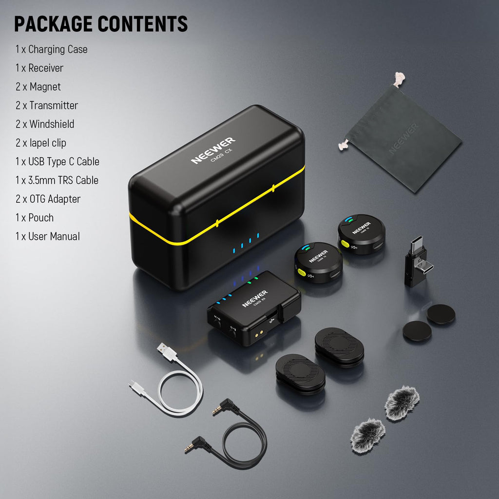 NEEWER CM28 Wireless Lavalier Microphone System, 1 Click Noise Canceling, 4GB Storage for 9Hrs of 48KHz 16 Bit Uncompressed Audio, Lapel Mic Compatible with iPhone/Android/PC/Camera/iPad