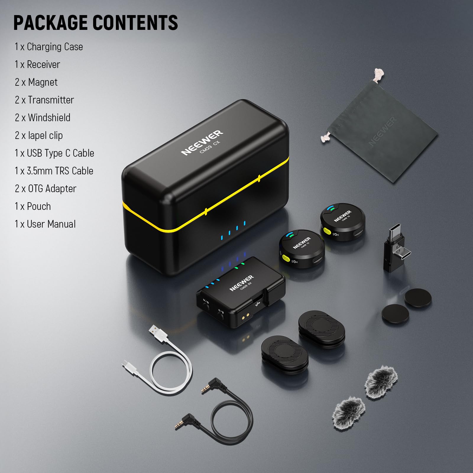 NEEWER CM28 Wireless Lavalier Microphone System, 1 Click Noise Canceling, 4GB Storage for 9Hrs of 48KHz 16 Bit Uncompressed Audio, Lapel Mic Compatible with iPhone/Android/PC/Camera/iPad