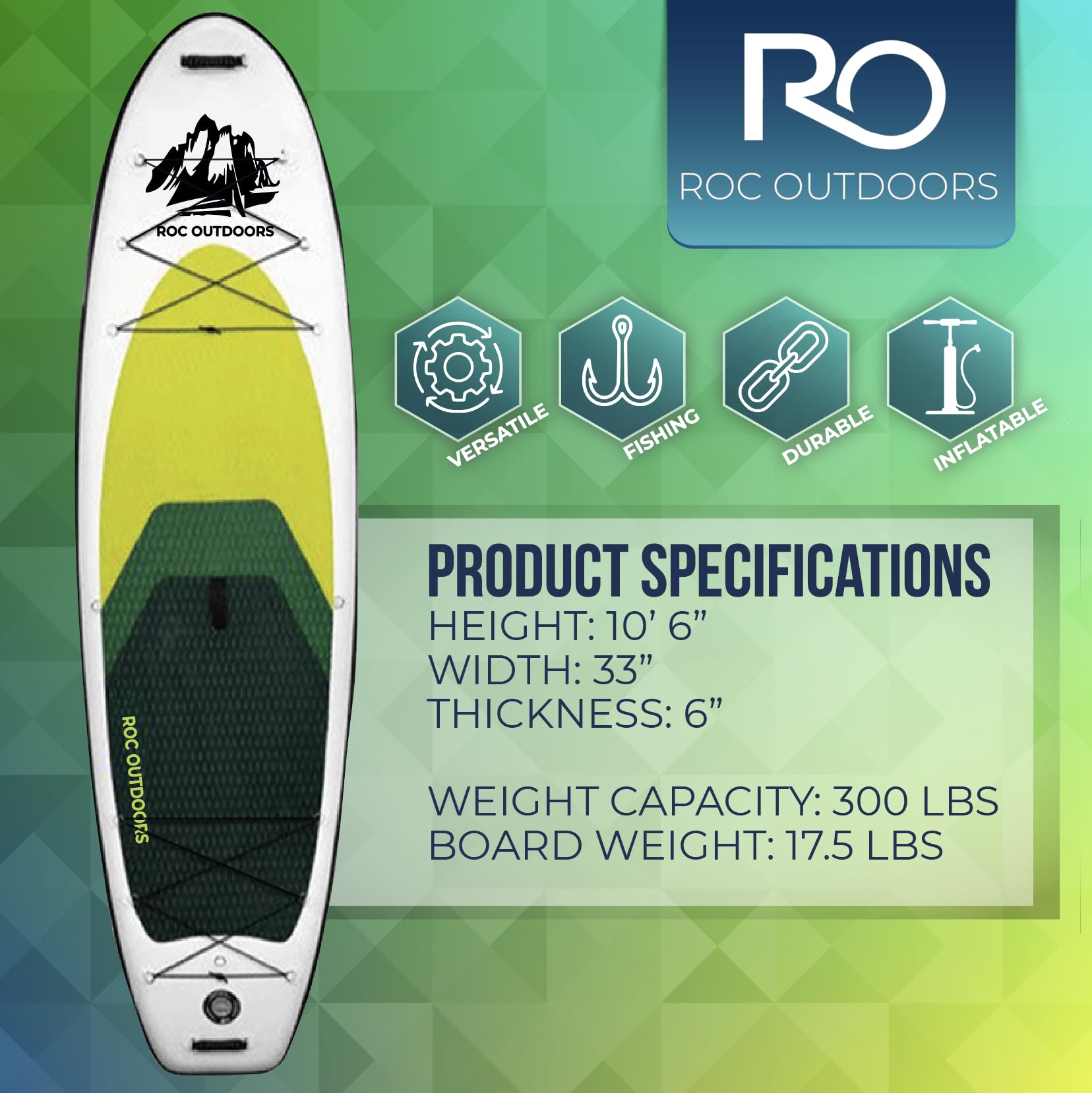 Roc Inflatable Stand Up Paddle Board 10' 6" with Premium SUP Paddle Board Accessories, Wide Stable Design, Non-Slip Comfort Deck for Youth & Adults