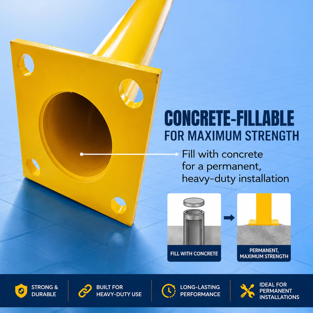 Crowd Control Warehouse Trafford Industrial Steel Bollards 24” Height, Safety Steel Post, Yellow Powder-Coated Finish Heavy Duty Fillable with Concrete, for Driveway Barrier, Parking Pole & Traffic
