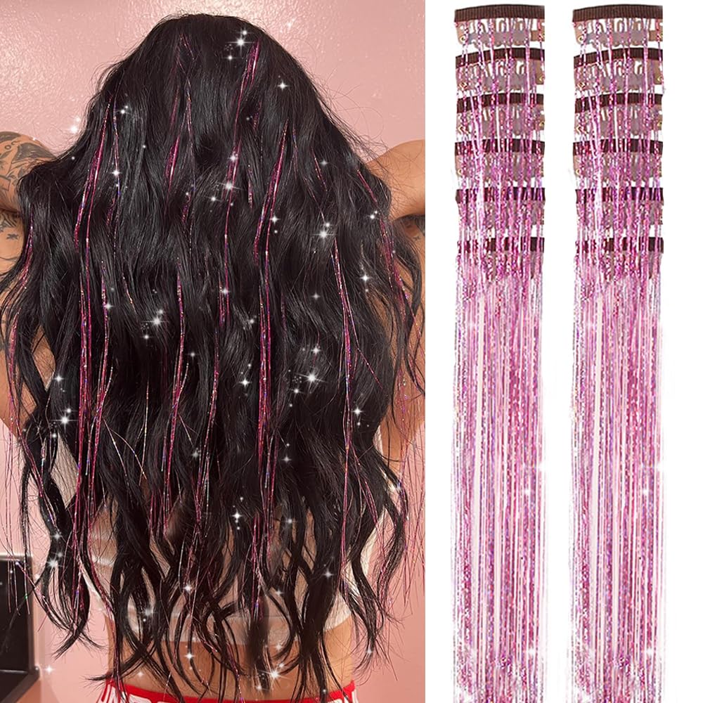 Clip in Hair Tinsel, Pack of 12 Pcs 20 Inch,Glitter Tinsel Hair Extensions, Festival Tinsel Fairy Hair Extension Party Dazzle Hair Accessories Strands Kit for Women Girls(12Pcs,Black#)