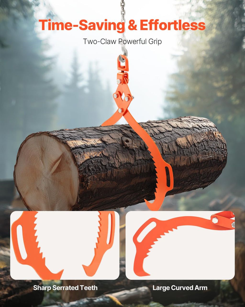 VEVOR Log Lifting Tongs 28in, 2 Serrated Claw Hook Log Tongs, Heavy Duty Steel Swivel Dragging Tongs, 1100LBS Log Grapple with Handles, Lumber Log Skidding Tongs for Tractors, Trucks, Forklifts, ATVs