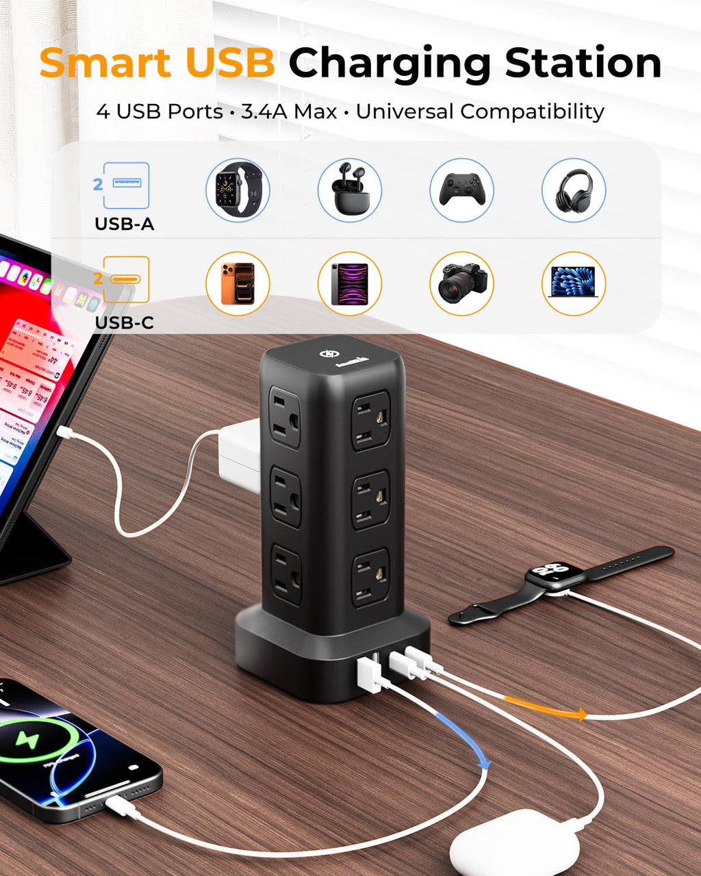 Tower Surge Protector Power Strip with 12 Outlets 4 USB (1 USB C), 6.5Feet Extension Cord with Multiple Outlets, Charging Station, Power Strip Tower, Office Desk Supplies