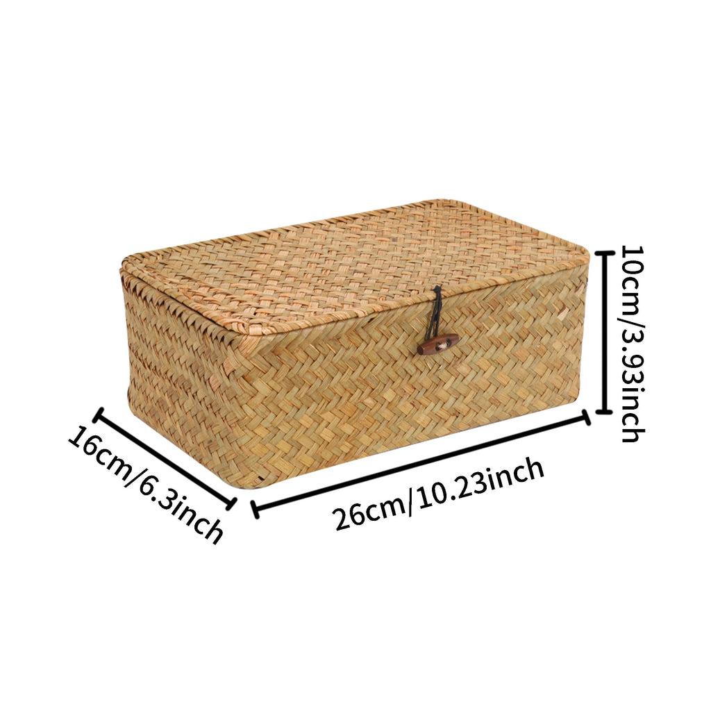FEIALNDUO Wicker Shelf Baskets with Lid,Seagrass Storage Basket Bins Rectangular Handwoven Basket Boxes for Shelves Desktop Home Organizer (Coffee, X-Small)