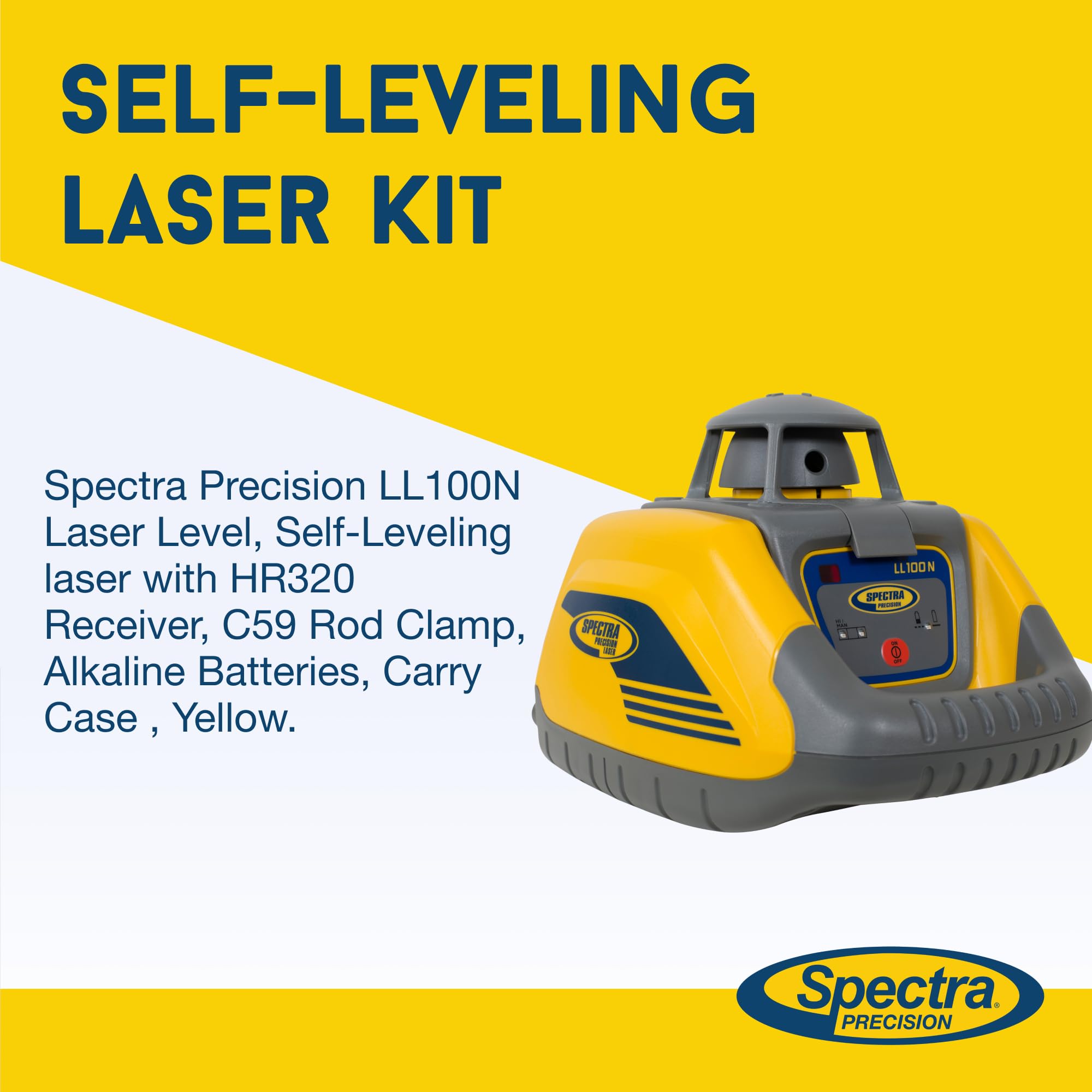 Spectra Precision LL100N Laser Level, Self-Leveling laser with HR320 Receiver, Class 2, C59 Rod Clamp, Alkaline Batteries, Carry Case, Yellow