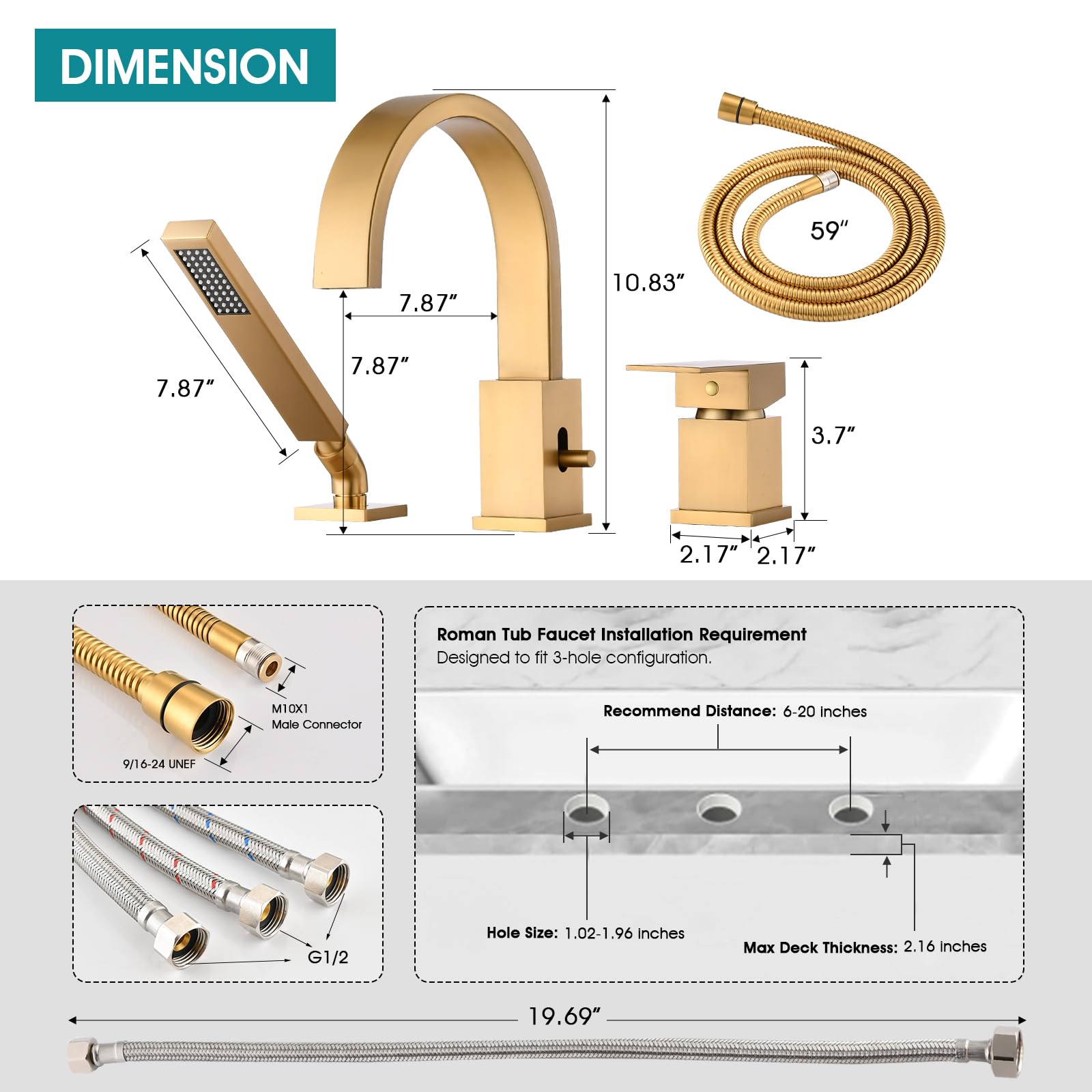 Brass Roman Tub Faucet with Sprayer, Deck Mount Bathtub Faucet with Hand Shower, 3 Hole Waterfall Faucet with 360 Spout, Single Handle Tub Filler with 8 GPM High Flow, Brushed Gold