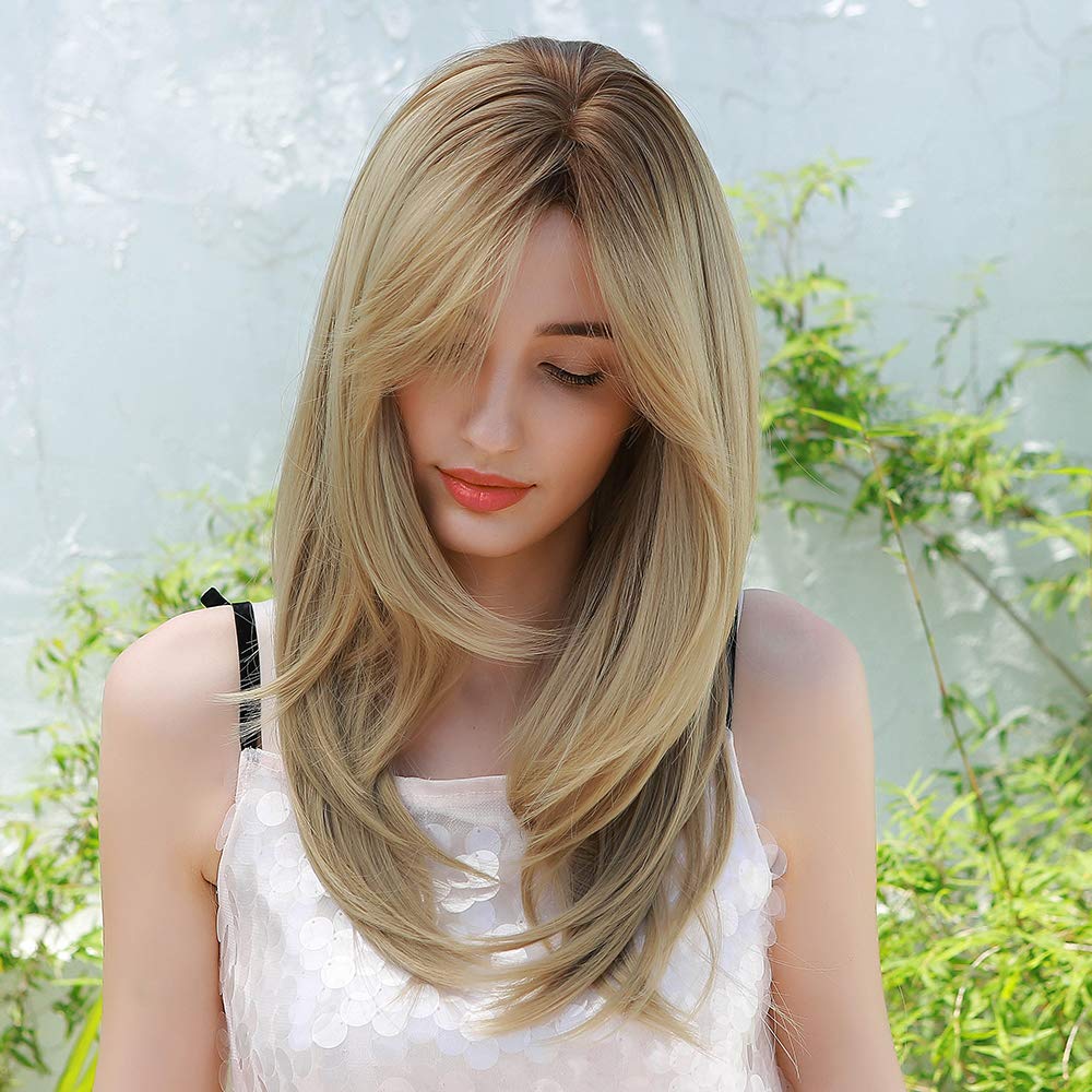 HAIRCUBE Auburn Wigs for Women,Long Layered Orange Wigs with Bangs Heat Resistant Synthetic Fibre Wigs(pelucas de cabello natural)