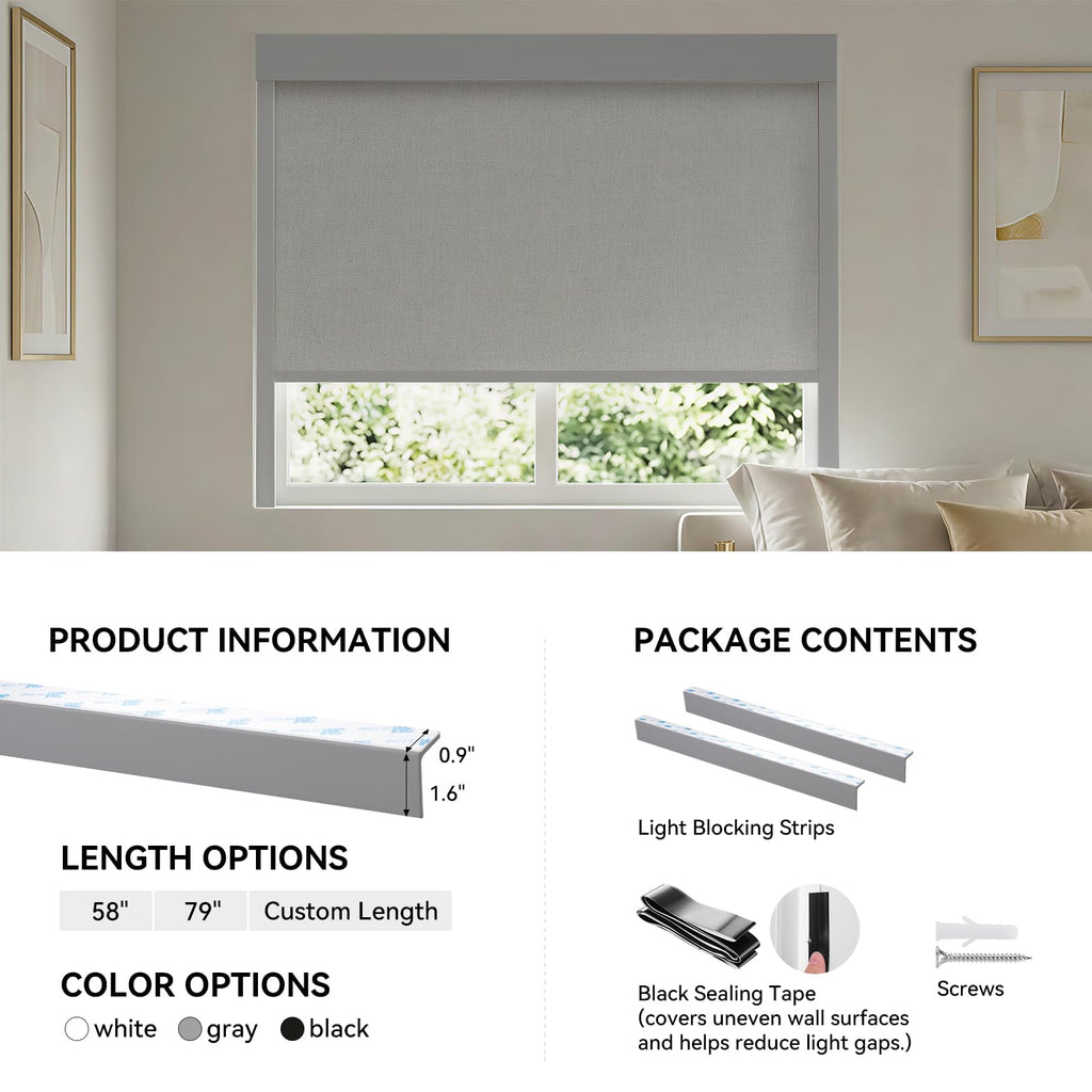 ZSTARR PVC Light Blockers Blackout Light Blockers Side Tracks for Window Shades Blinds Side Tracks for Blackout Shades Easy to Install Light Blocking Strips for Bedroom (Black, 58",2Pcs)