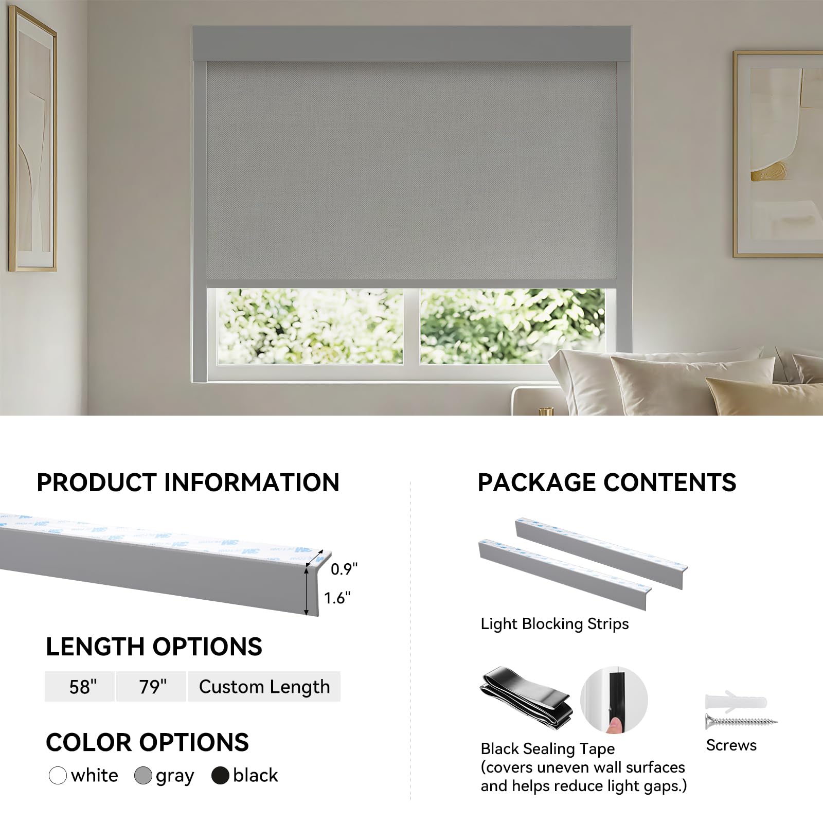 ZSTARR PVC Light Blockers Blackout Light Blockers Side Tracks for Window Shades Blinds Side Tracks for Blackout Shades Easy to Install Light Blocking Strips for Bedroom (Black, 58",2Pcs)
