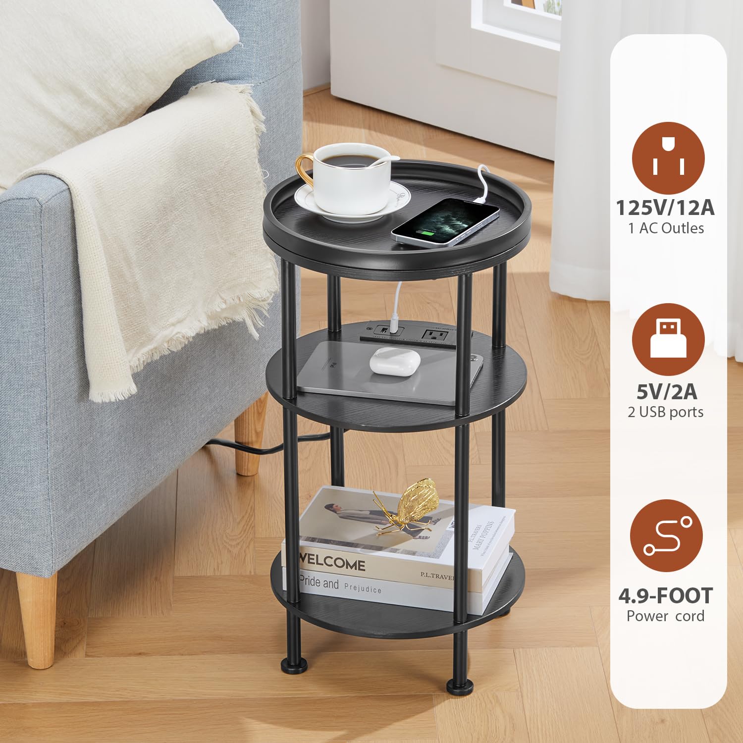 Small Round Side Table with Charging Station for Small Spaces, 3-Tier Accent Table with USB Ports & Power Outlets, Sofa Corner Tea Table for Living Room Nightstand Bedroom Apartment (Black)