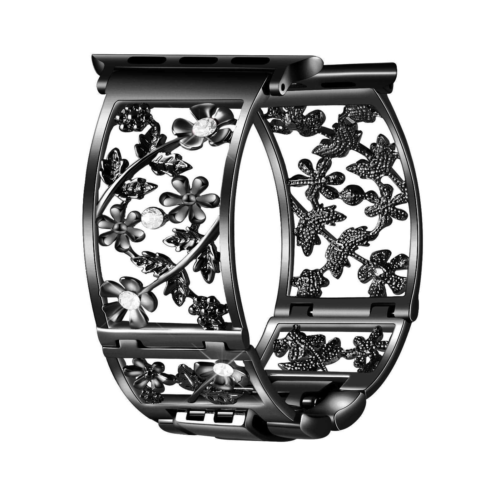 Floral Band Compatible with Apple Watch Jewelry Band 38mm 40mm 41mm 42mm iWatch Bands Series 11 10 9 8 7 6,Bling Crystal Bracelet Hollow Metal Strap,Fashion Women Wristband(38/40/41/42mm,Black)