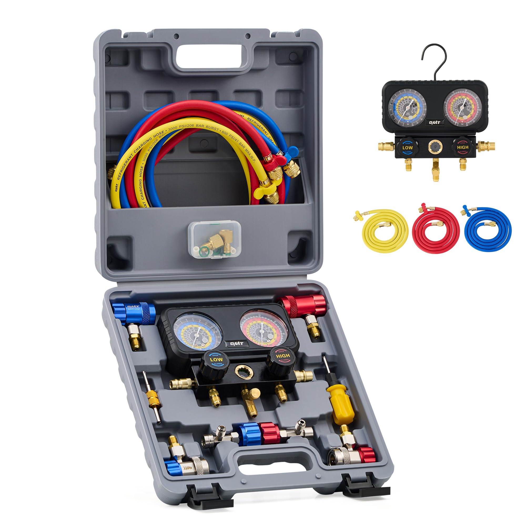 Orion Motor Tech AC Gauges, 3 Way Manifold Gauge Set for R1234yf R404a R134a Refrigerant, Automotive Gauge Set with Hoses Quick Couplers Self Sealing Can Taps for Car Freon Charging & Evacuation