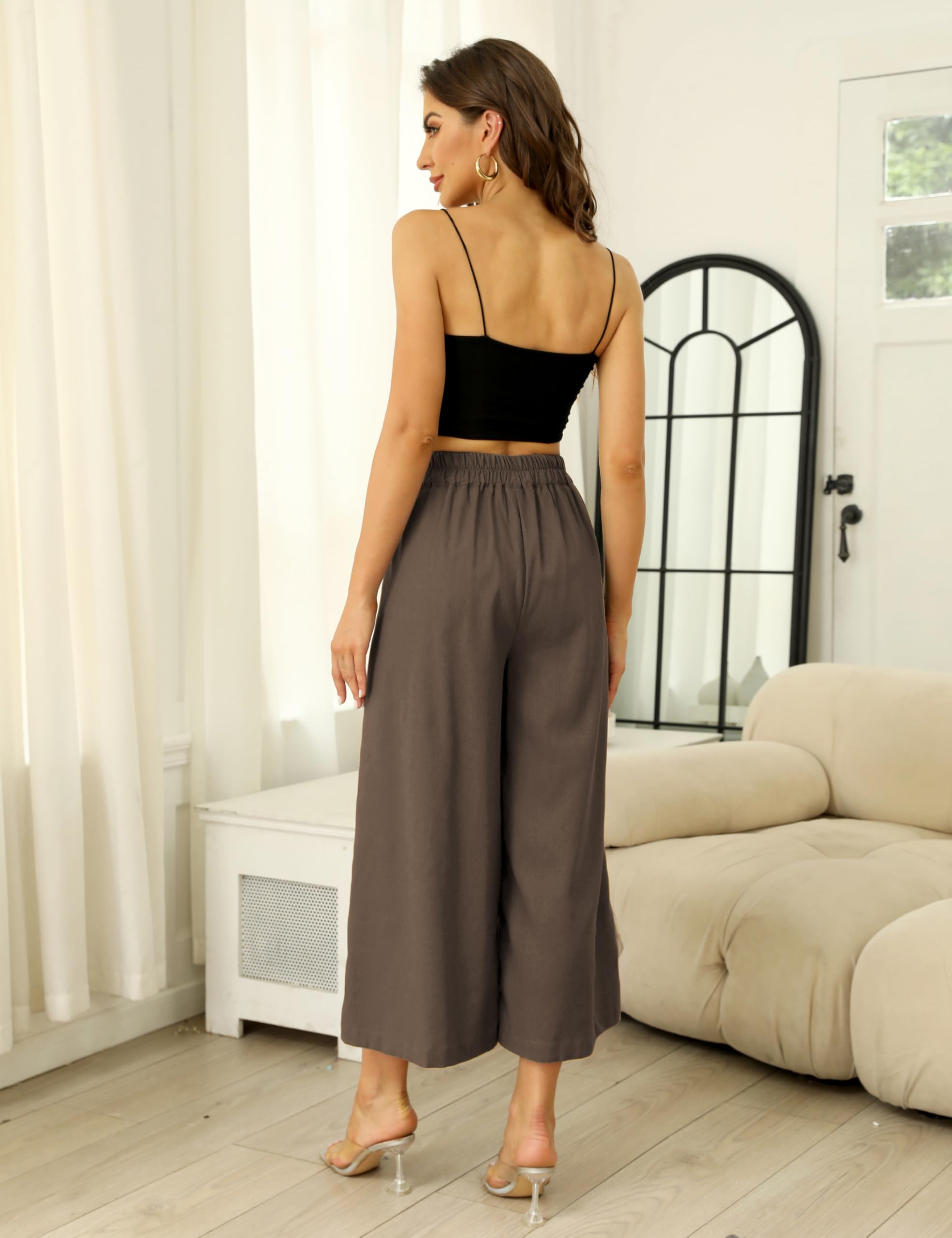 Bianstore Women's Culottes Linen Cropped Wide Leg Pants Elastic Waist Casual Palazzo Trousers with Pockets