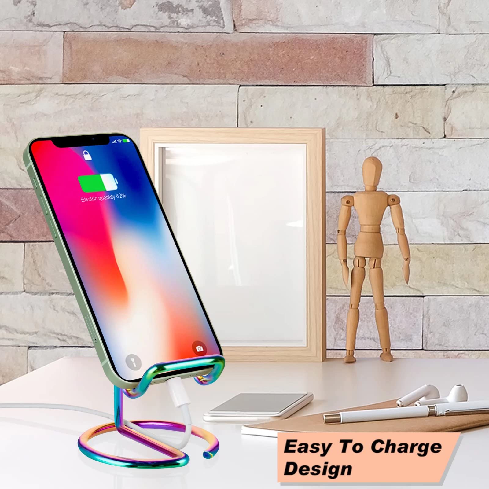 ROPOSY Cell Phone Stand for Desk, Cute Metal Black Cell Phone Stand Holder Desk Accessories, Compatible with All Mobile Phones, iPhone, iPad