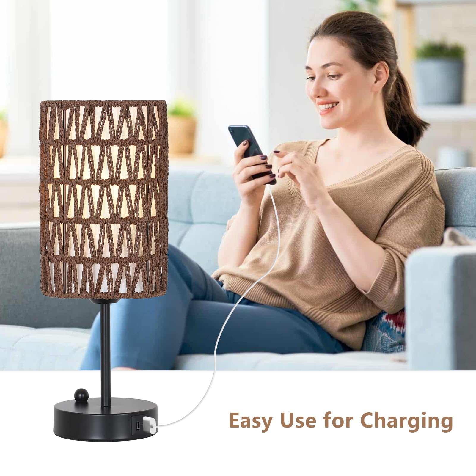 Rattan Bedside Table Lamps Set of 2 - Boho Lamps With 3 Color Temperatures & USB AC Port, Pull Chain Table Lamp For Bedroom, Cute Small Lamp For Nightstand Office Desk Bed Side End Table Living Room