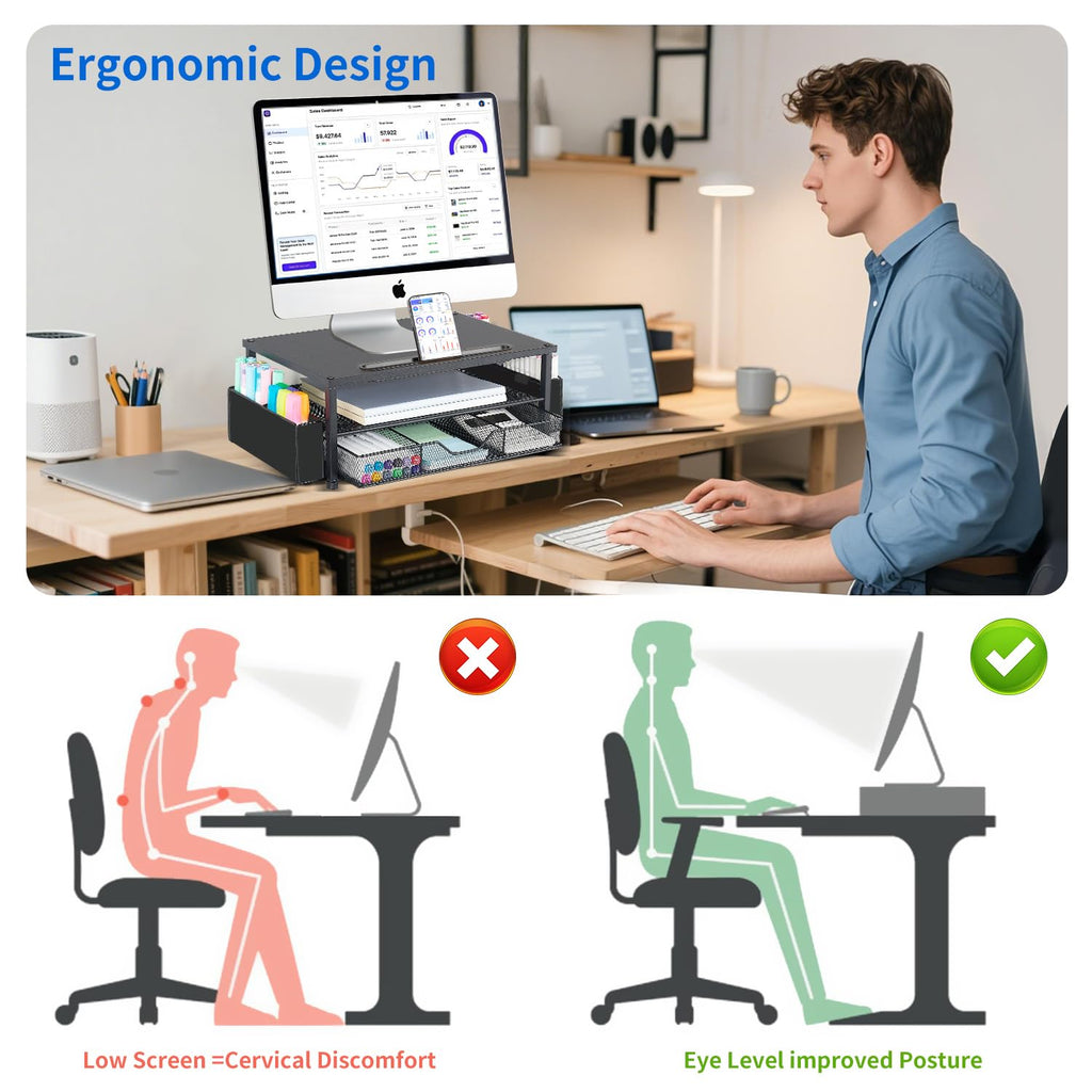 AUPSEN 2 Tier Computer Monitor Stands with Drawer and 2 Pencil Holder, Metal Monitor Stand Monitor riser, Computer Desk Organizer and Accessories for Laptop, Computer, Printer, Office Supplies(Black)