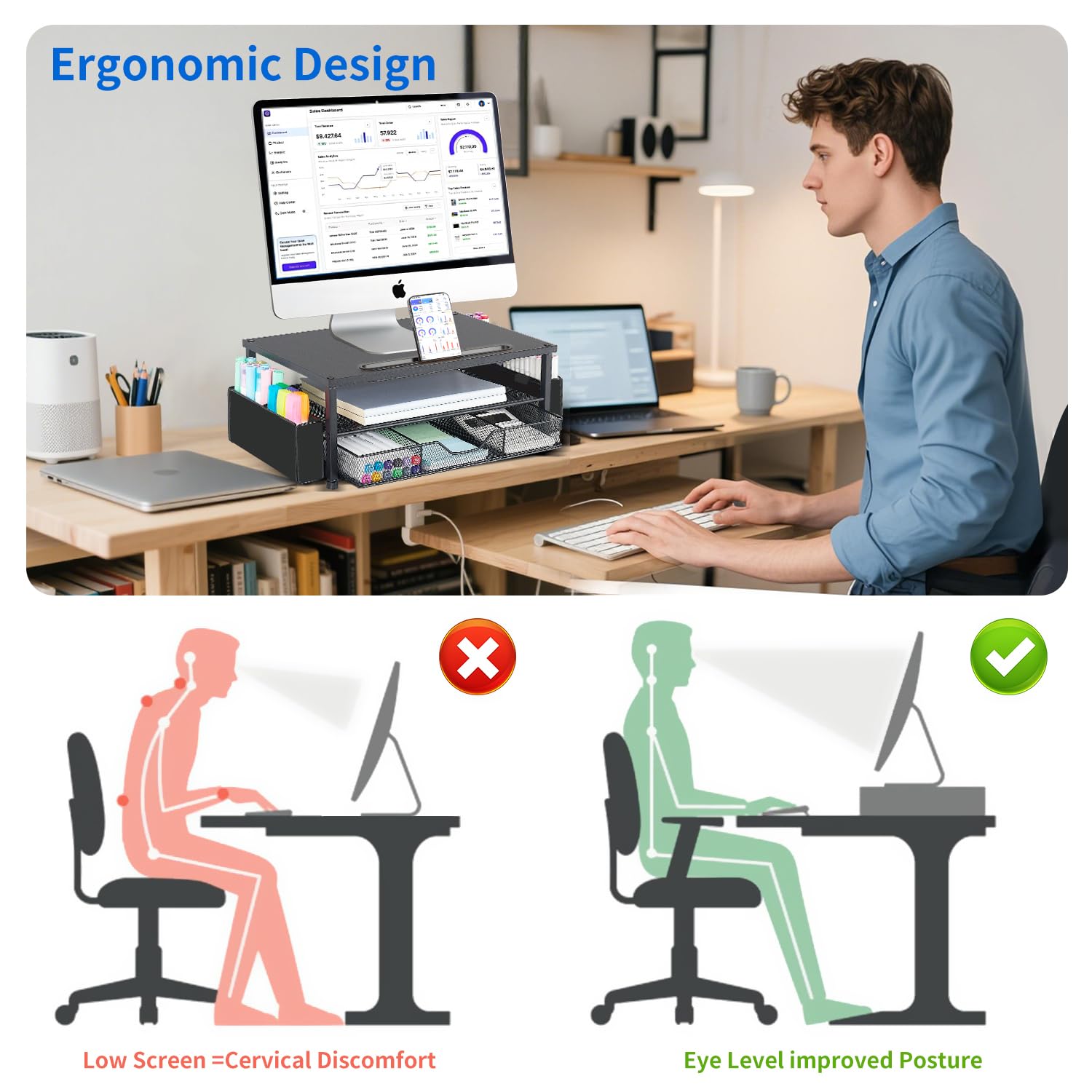 AUPSEN 2 Tier Computer Monitor Stands with Drawer and 2 Pencil Holder, Metal Monitor Stand Monitor riser, Computer Desk Organizer and Accessories for Laptop, Computer, Printer, Office Supplies(Black)