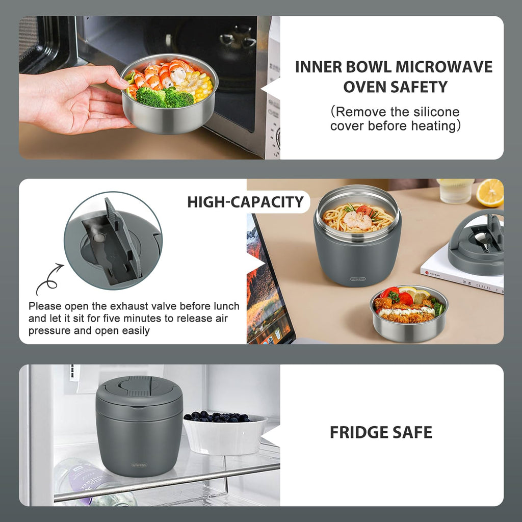 wiwens Thermo Food Jar for Hot Food Adults 32OZ Soup Thermo Lunch Containers Wide Mouth Vacuum Insulated Stainless Steel Leakproof Bento Box with Spoon (Beige)