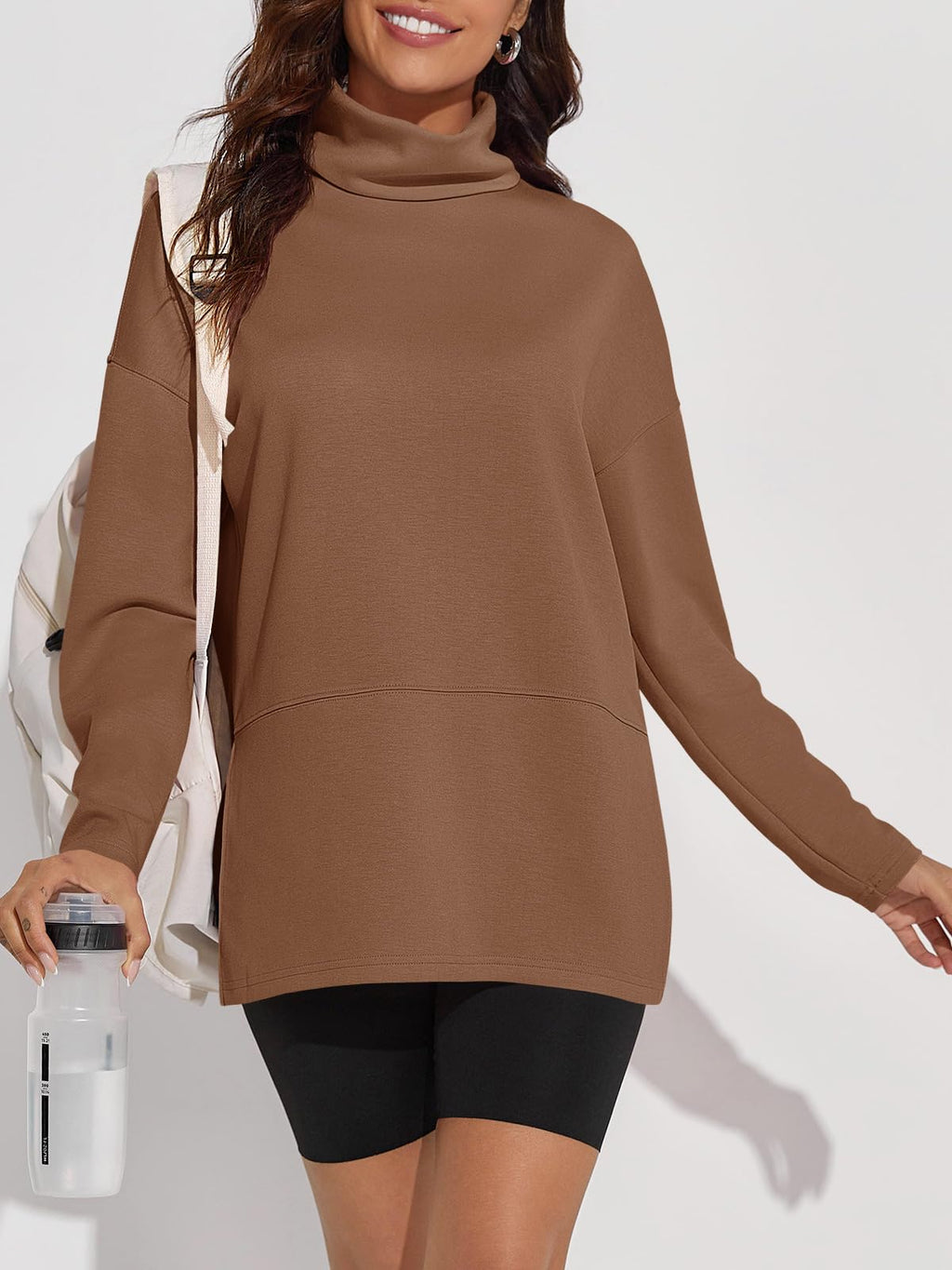 Fisoew Women's Turtleneck Oversized Sweatshirt Casual Long Sleeve Loose Side Slit Pullovers Tunic Tops