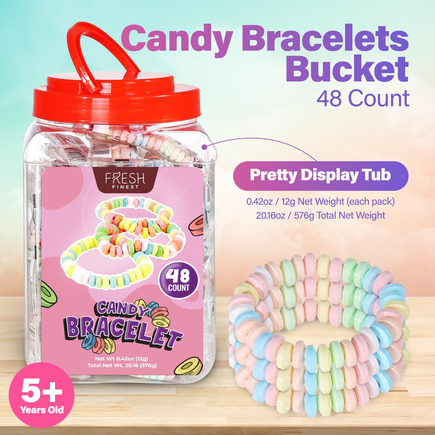 Fresh Finest 48-Count Bulk Candy Bracelets - Individually Wrapped Novelty Candy Bracelets. Perfect for Party Favors, Goody Bags, Candy Buffets, and Retro-Themed Events.