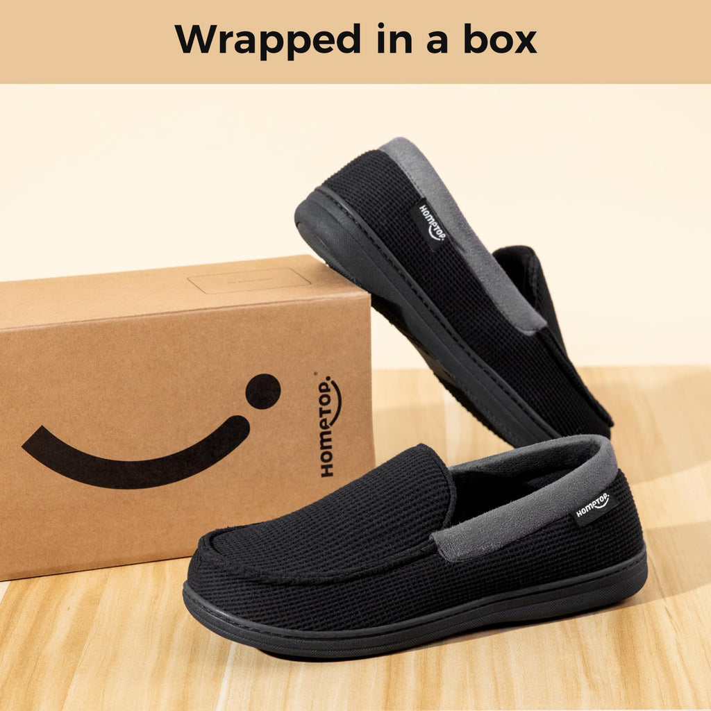 HomeTop Men's Comfort Memory Foam Moccasin Slippers, Breathable Cotton Knit Terry Cloth House Shoes for Indoor Outdoor