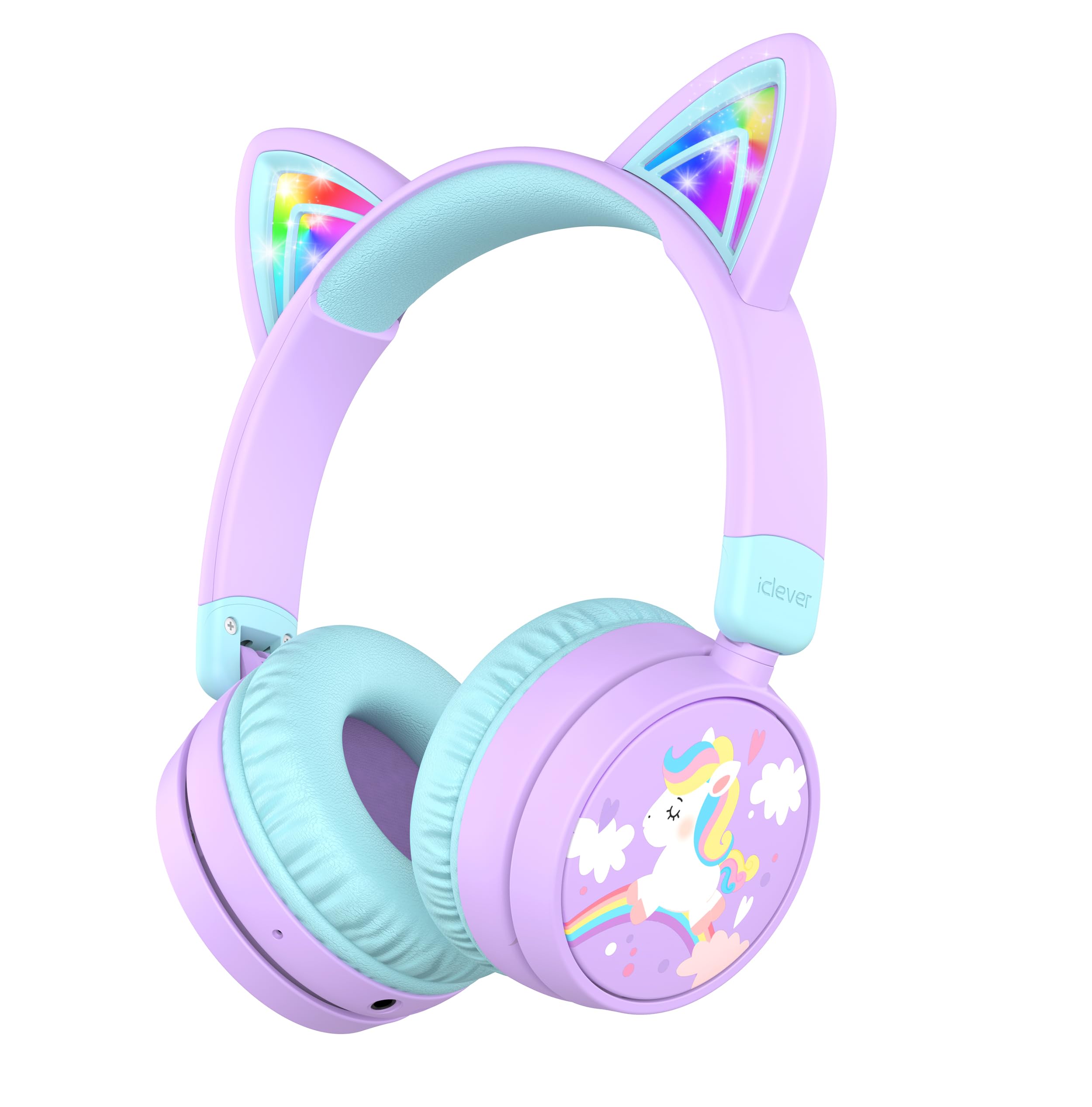 iClever Cat Ear Kids Bluetooth Headphones, LED Lights Up, 74/85dBA Safe Volume Limited, 50H Playtime,Bluetooth 5.2, USB C,Kids Headphones Wireless Over Ear for Travel iPad Tablet, Meow Macaron-Purple