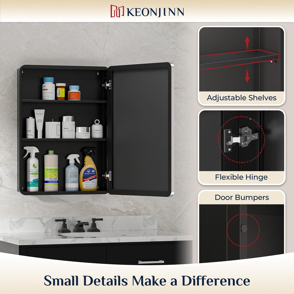 Keonjinn 15 x 36 Inch Black Slim Medicine Cabinets, Narrow Bathroom Side Medicine Cabinet with Mirror, Stainless Steel Framed, Adjustable Shelves, Recessed or Wall Mount, Modern Farmhouse