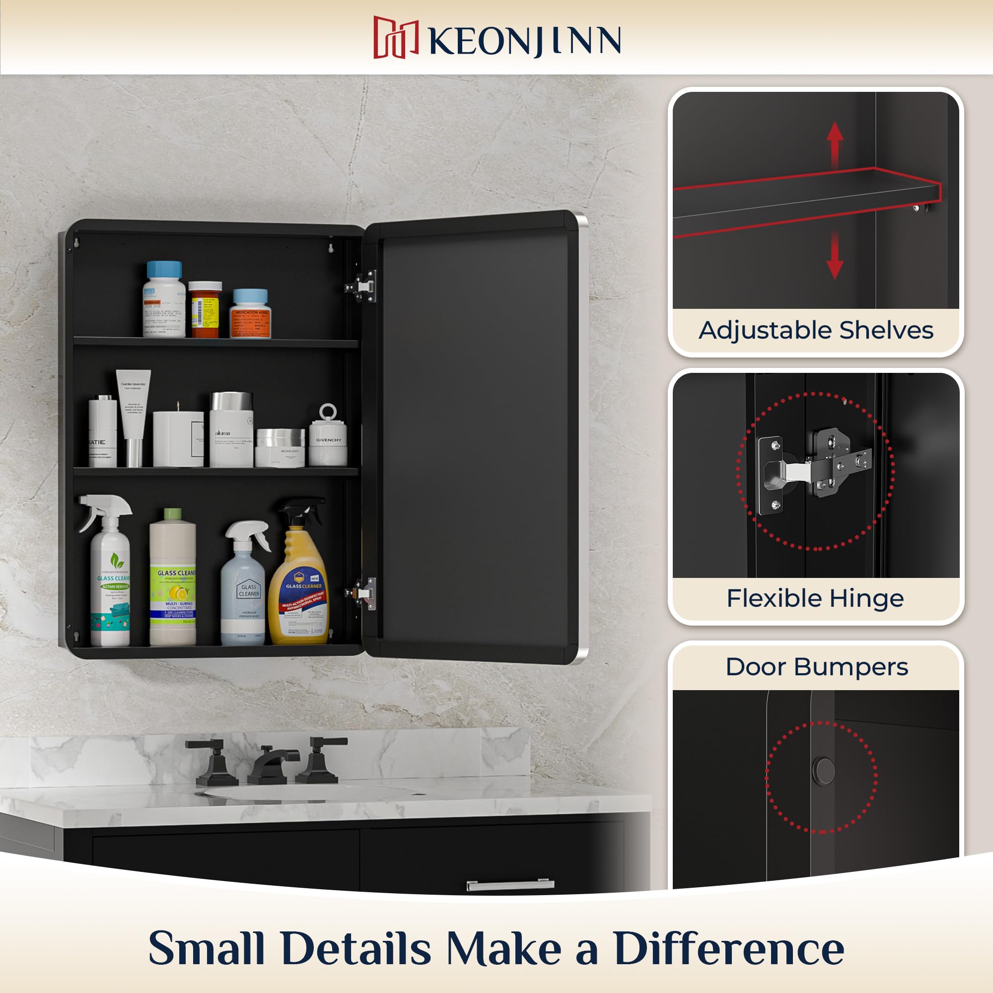 Keonjinn 15 x 36 Inch Black Slim Medicine Cabinets, Narrow Bathroom Side Medicine Cabinet with Mirror, Stainless Steel Framed, Adjustable Shelves, Recessed or Wall Mount, Modern Farmhouse