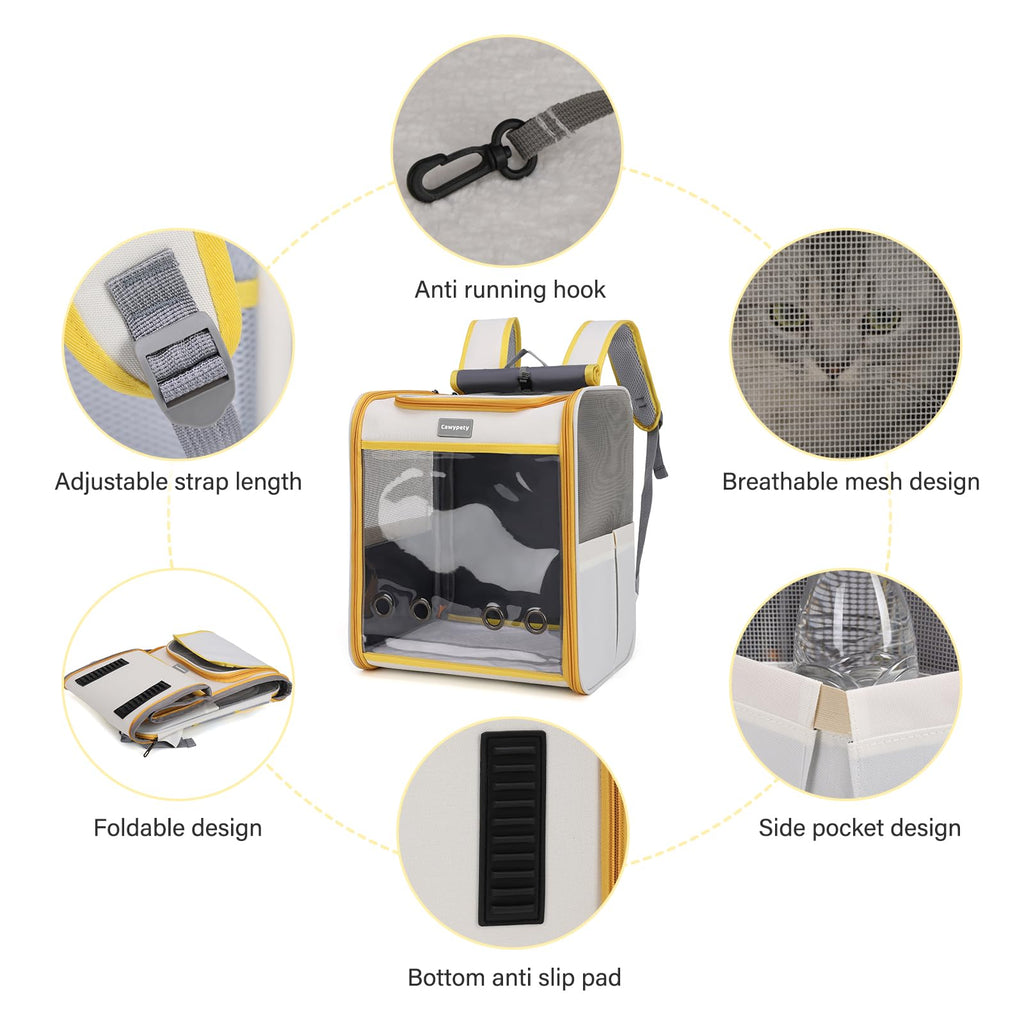 Cawypety Cat Backpack Carrier, Breathable Cat Carrier Large Space Bubble Pet Backpack for Kitty Small Dog up to 12lbs, Transparent & Foldable Pet Carrier for Travel Hiking (Black