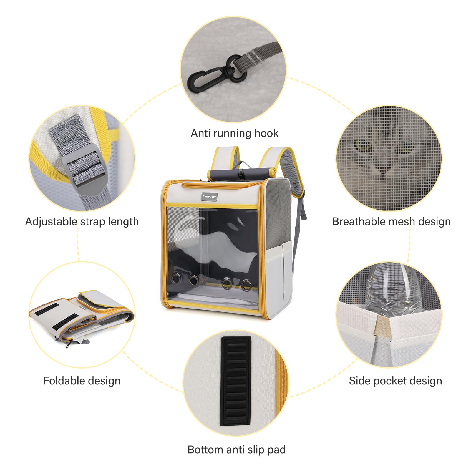 Cawypety Cat Backpack Carrier, Breathable Cat Carrier Large Space Bubble Pet Backpack for Kitty Small Dog up to 12lbs, Transparent & Foldable Pet Carrier for Travel Hiking (Black