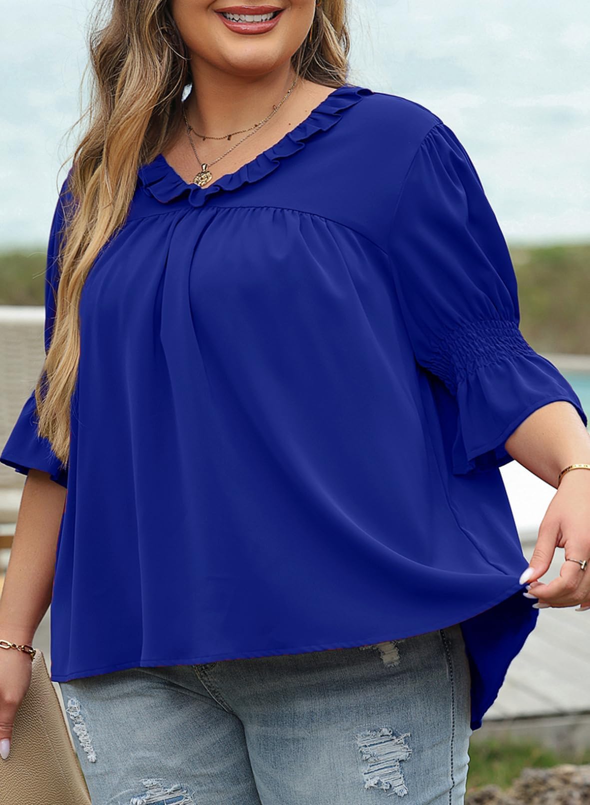 Eytino Plus Size Tops for Women Summer V Neck Short Sleeve Boho Floral Printed Flowy Chiffon Shirts Blouse(1X-5X)