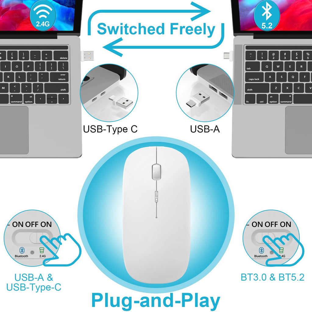 Mouse for MacBook Wireless Bluetooth Mouse Laptop MacBook Air Mac Pro Rechargeable Silent PC iPad Optical Mouse with Dual Mode Switch Bluetooth 5.2/3.0 and 2.4GHz USB Type-C Receiver Rose Gold